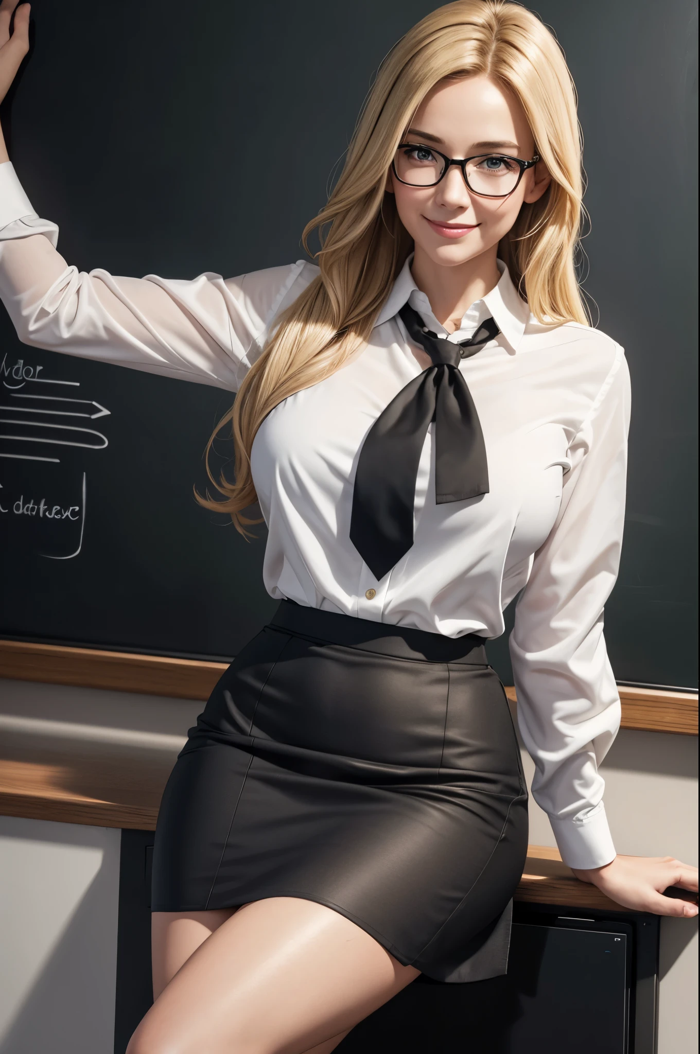 8K,A woman wearing glasses  in front of a blackboard,Blonde American, realistic skin,School class,photorealistic hot secretary, elegant cinematic pose, realistic shaded perfect body, realistic, ultra realistic picture, [ 8K photorealism ]!!, [ 8K Digital Art ]!!, hyperrealistic office secretary,ultra high resolution,Super realistic,white blouse,black tight skirt(on lap),beautiful expression,smile,