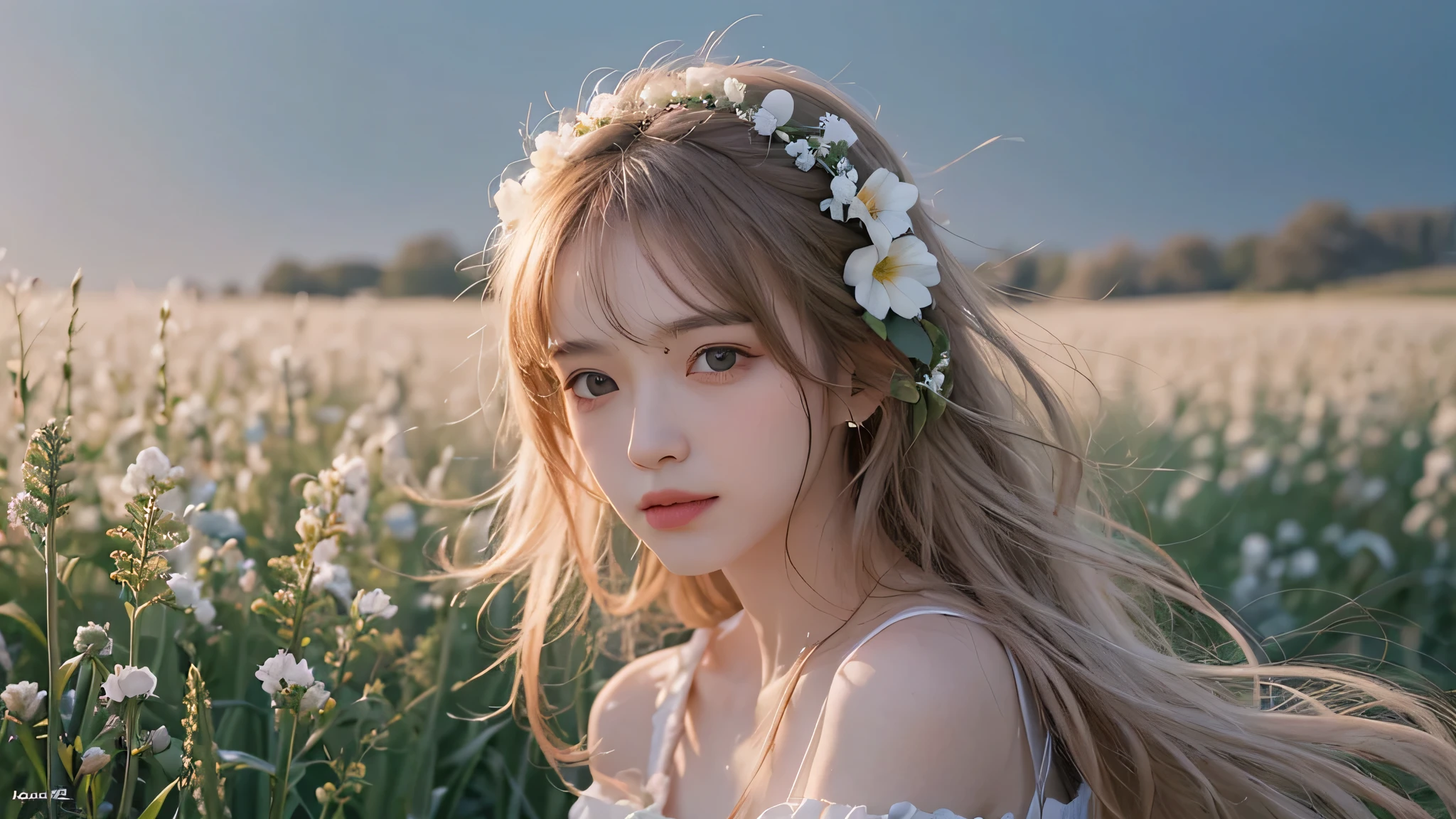 best quality, masterpiece, ultra high resolution, (lifelike:1.4), original photo, 1 girl, white dress, take off shoulders, flower field, glowing skin, faint smile