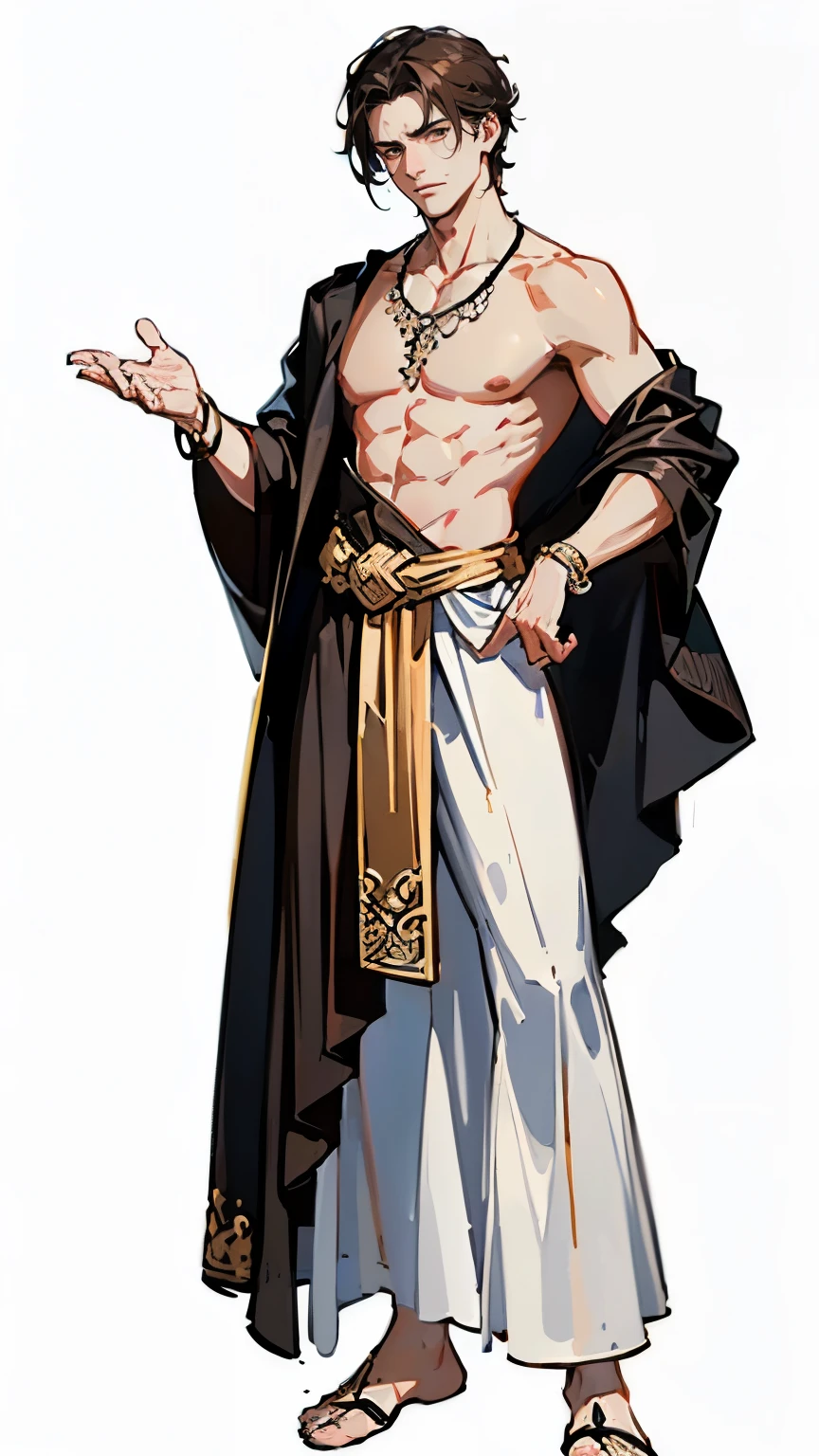((masterpiece,best quality,8k,highres)),((character concept art)), 1 male, young adult man, God of Land, 175 cm height, medium hair, (brunette hair colour), ultra finely detailed eyes (brown eyes colour), extraordinary handsome, (serious),menacing, thin body build, ((intricate detail)), super finely detailed hands, ultra finely detailed fingers(((ten fingers))), ancient chiton outfit (white colour outfit, dress scandals, necklace, bracelet, (standing still), (full body showcase), (show full body), (no logos on background), (no logo), ((plain background)), ((plain background)), (((empty background)))