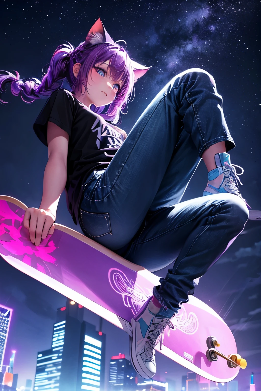 Top quality, high resolution, perfect human structure, from below, skateboard ride, jumping, purple hair, glowing hair, cat ears, french braid, crazy eyes, shirt, jeans, night sky, neon colors, city, angle from below, colorful, near future
