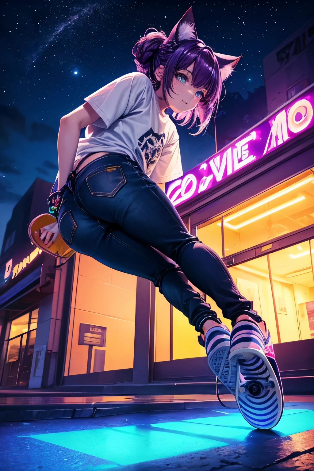 Top quality, high resolution, perfect human structure, from below, skateboard ride, jumping, purple hair, glowing hair, cat ears, french braid, crazy eyes, shirt, jeans, night sky, neon colors, city, angle from below, colorful, near future