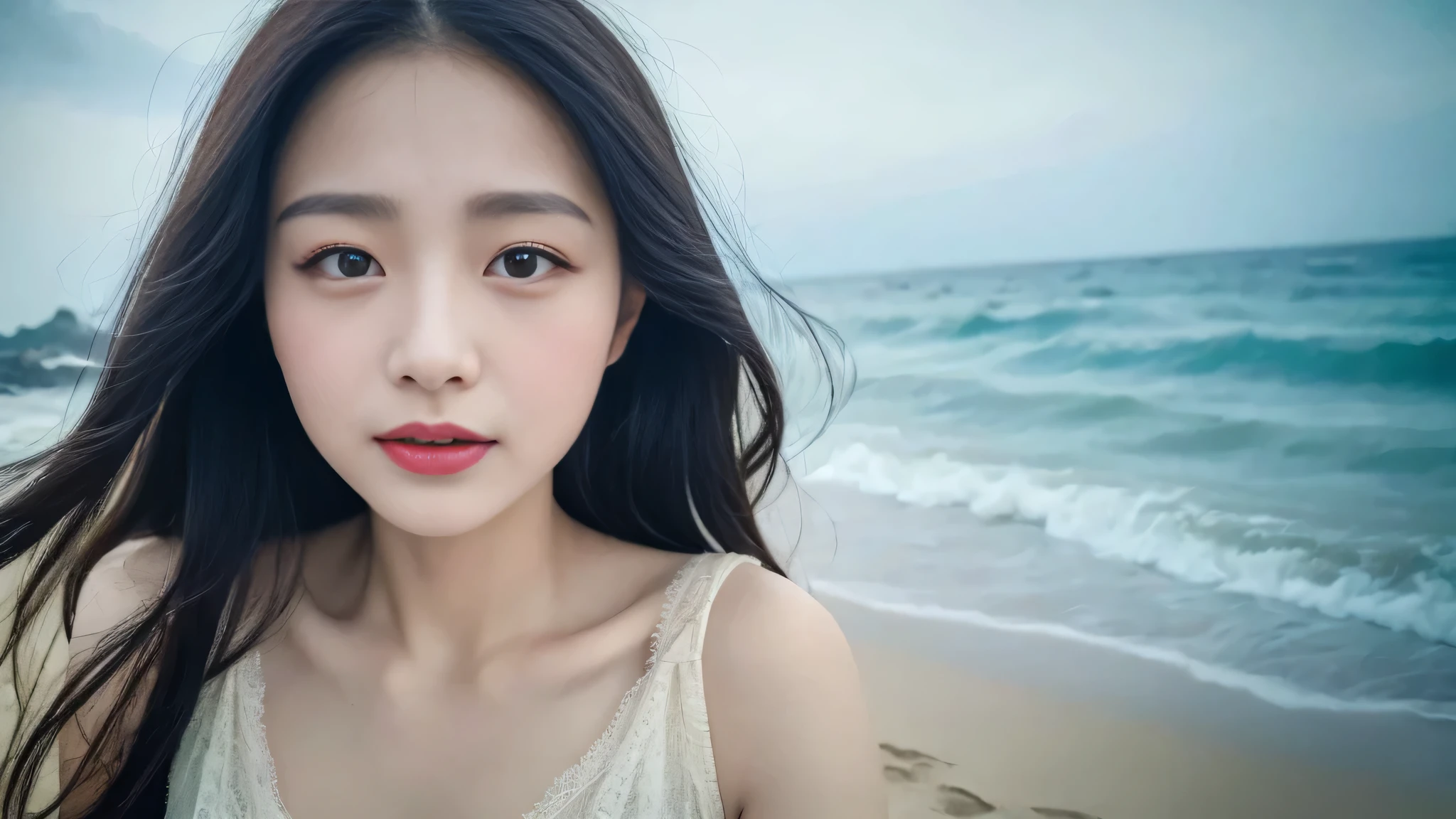 ((best quality, 8k, masterpiece: 1.3)), 1 girl, Face, pretty Woman, (black hair), 超级细致的Face部, exquisite eyes, double eyelids, blurred background, 瘦Face, seaside, External, beach,