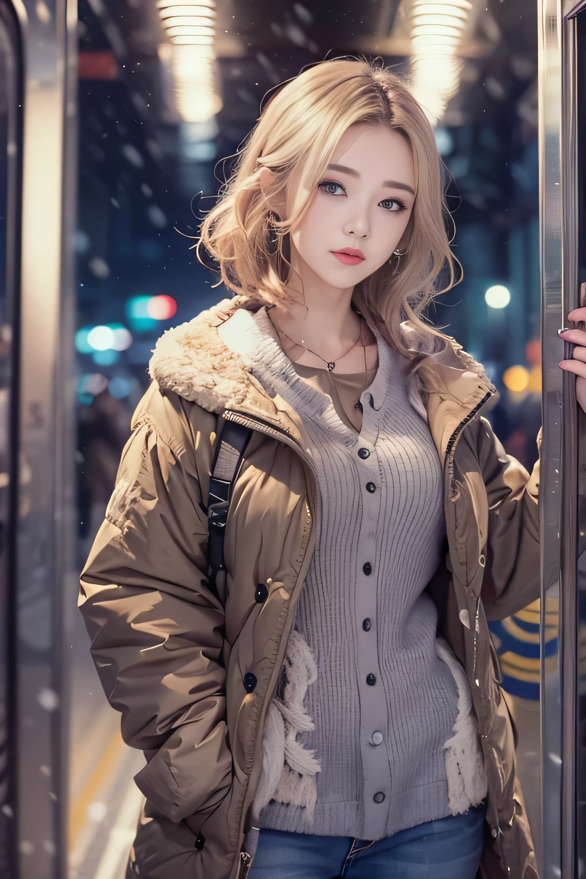 1 female、(european:2.2)、Early 20s、(super beautiful)、(super beautiful顔)、(golden middle hair)、(blue eyes)、wearing makeup、Standing on the station platform in the big city at night、The background is a stopped train、(shallow depth of field)、(that'It's snowing:1.1)、(upper body shot)