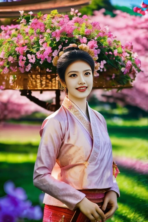 (best quality,4k,8k,highres,masterpiece:1.2),ultra-detailed,(realistic,photorealistic,photo-realistic:1.37),portraits,(vibrant colors,colorful),soft sunlight,gentle breeze,Tai Khun traditional outfit,happy expression,pink and purple flowers,blooming cherry blossom trees,atmospheric background,joyful atmosphere,serene environment,captivating scenery,fine brush strokes,graceful posture,ornate patterns,delicate ornaments,eye-catching details,ethereal beauty,natural beauty,harmonious composition,artistic style,lively and lifelike depiction,lovely smile,naturalistic lighting,subtle color grading,sumptuous and flowing fabrics,traditional accessories,feminine charm,graceful movement,serene gaze,peaceful ambiance,tranquil setting,expressive eyes,breathtaking landscape,vibrant springtime colors,traditional culture,harmony between human and nature.