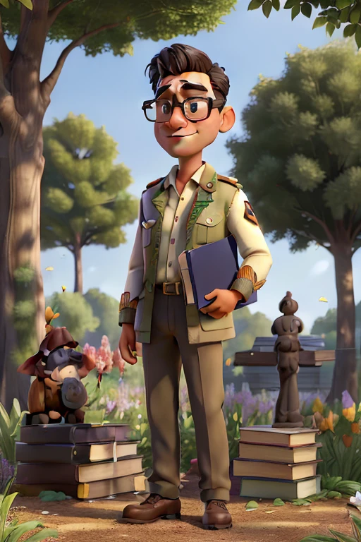 (best quality, masterpiece:1.2), a man with glasses, wearing military uniform, standing in the park, dark complexion, surrounded by trees and flowers, holding a book, with a serious and thoughtful expression, sunlight shining through the leaves, creating beautiful patterns of light and shadow, soft breeze blowing through his hair, birds chirping in the background, giving a sense of tranquility and serenity.