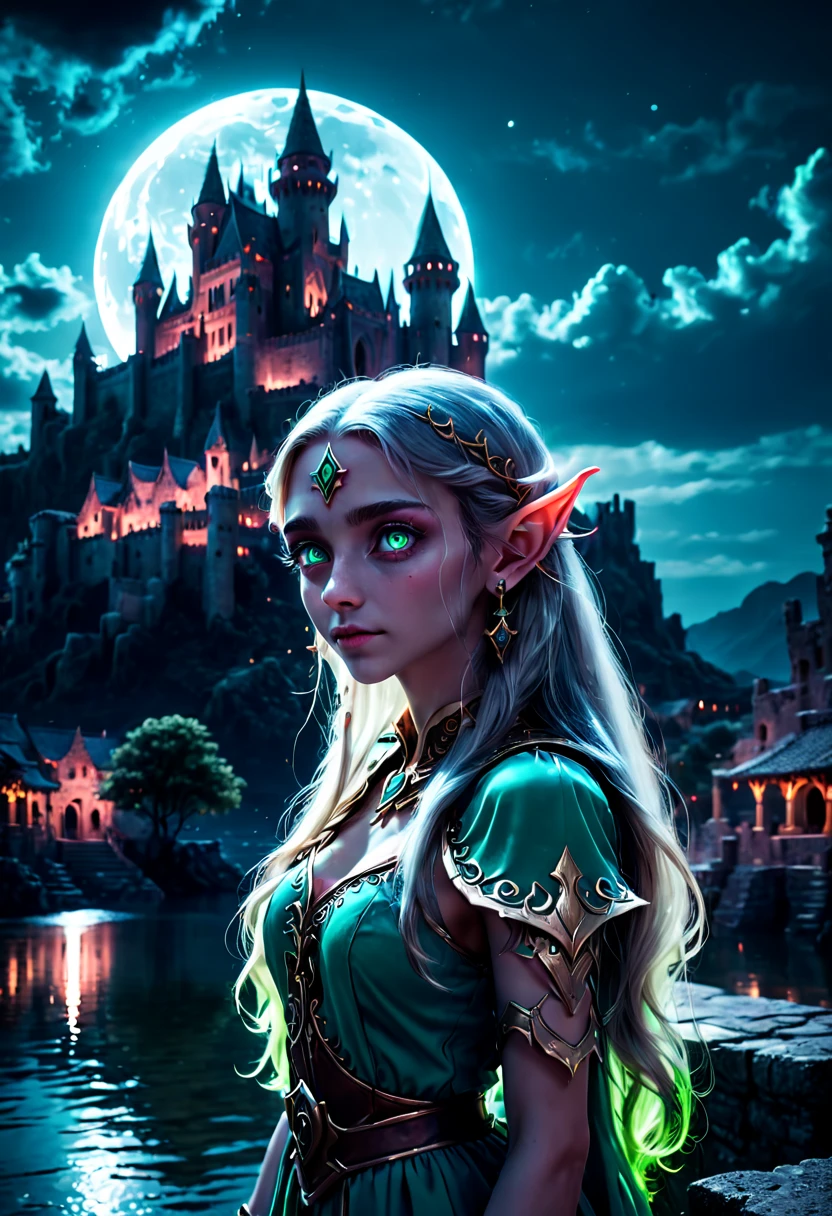 a Beautiful Elf, Elf ear, (moonlit ancient city), castle, outdoors, sky, cloud, water, strong contrast, neon, rgb style, long hair, detailed eyes, Romance, film grain, RAW photo, Cinematic lighting, octane render, (best quality, masterpiece, Representative work, official art, Professional, 8k:1.3)