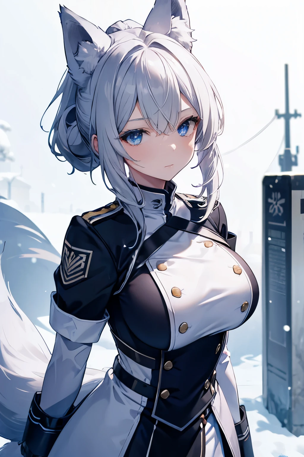 4K,High resolution,one woman,silver hair,short ponytail,wolf ears,wolf tail,blue eyes,big breasts,tits,,snow scene,show your shoulders,uniform,