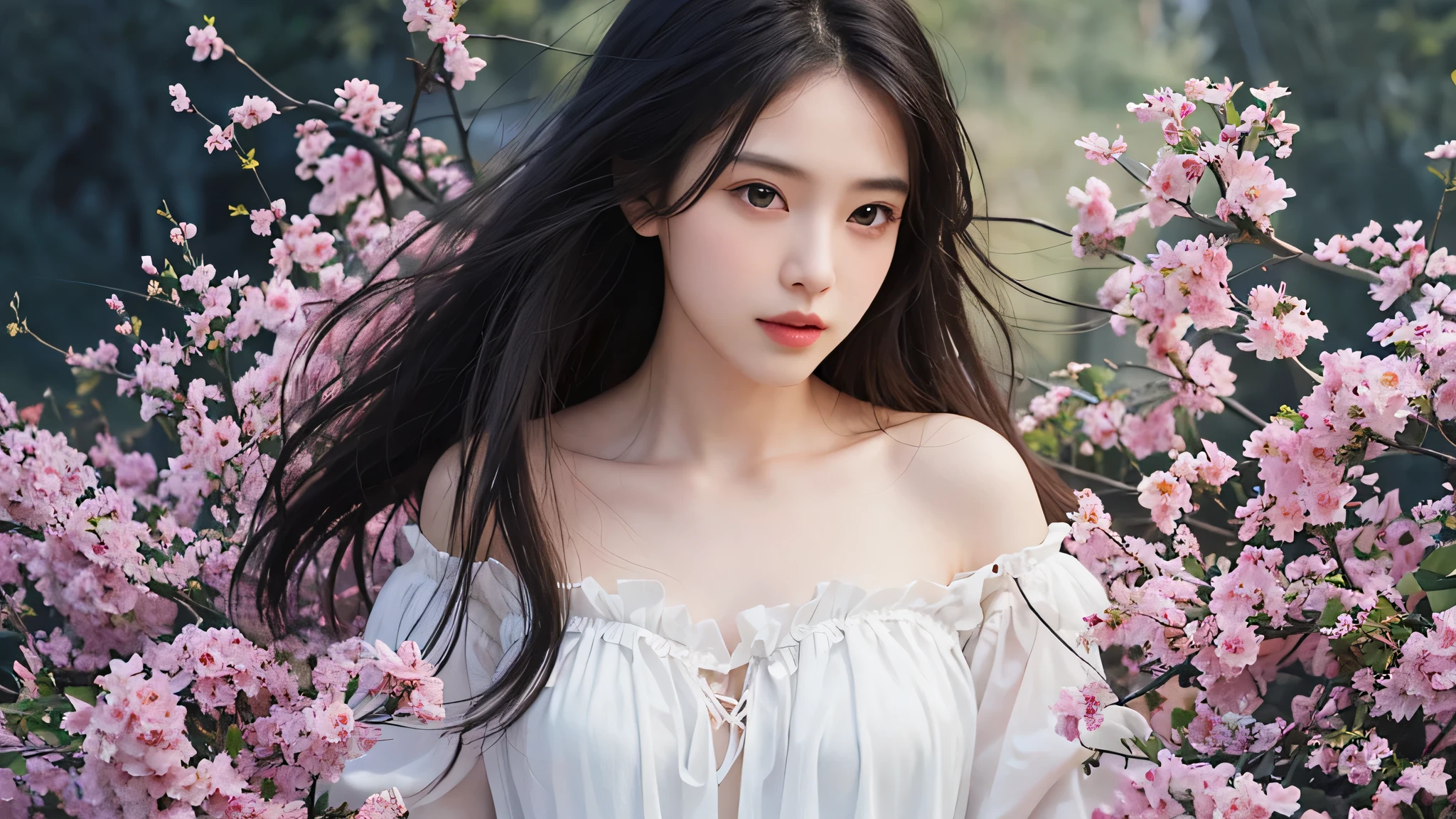 best quality, masterpiece, ultra high resolution, (lifelike:1.4), original photo, 1 girl, white dress, take off shoulders, flower field, glowing skin, faint smile