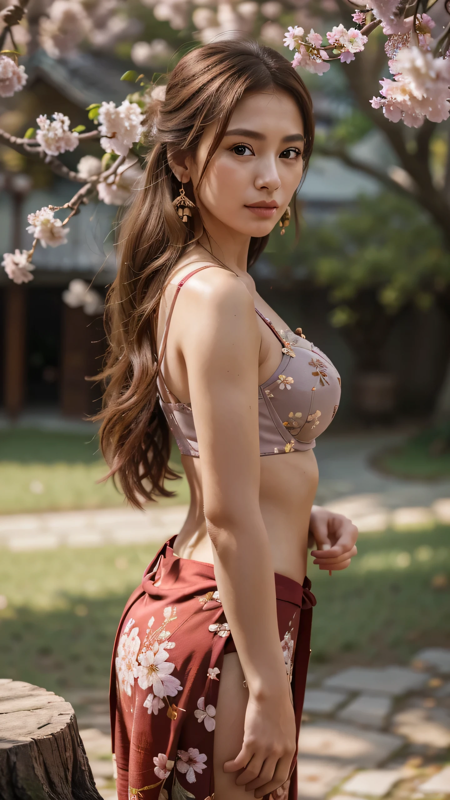 masterpiece,extremely detailed CG unity 8k wallpaper,1girl, beautiful, realistic, blurry, blurry_background, blurry_foreground, branch, brown_hair, plum blossom, depth_of_field, earrings, flower, jewelry, nose, realistic, solo,chinese clothes,fingers hidden, arms hidden, only wearing a bra