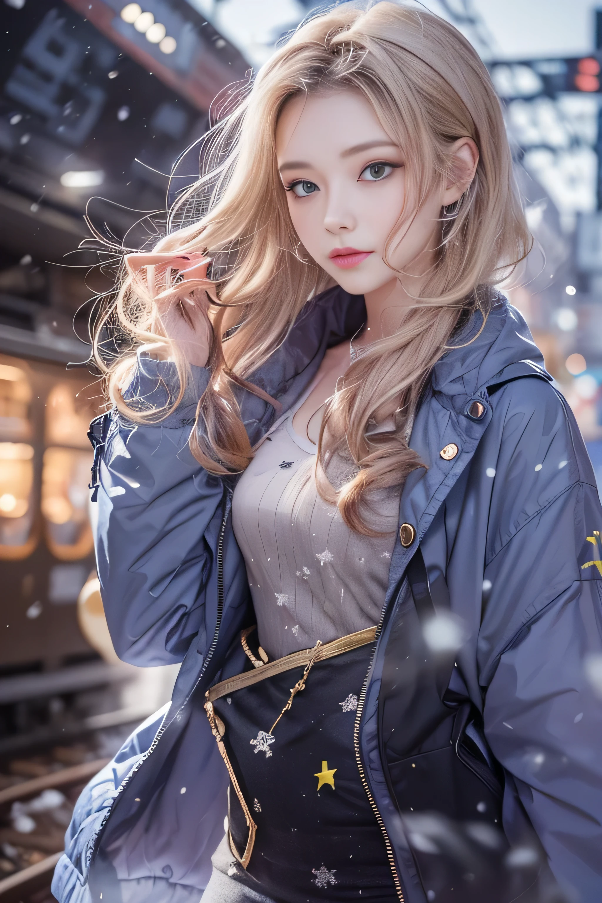 1 female、(european:2.2)、Early 20s、(super beautiful)、(super beautiful顔)、(golden middle hair)、(blue eyes)、wearing makeup、Standing on the station platform in the big city at night、The background is a stopped train、(shallow depth of field)、(that'It's snowing:1.1)、(upper body shot)