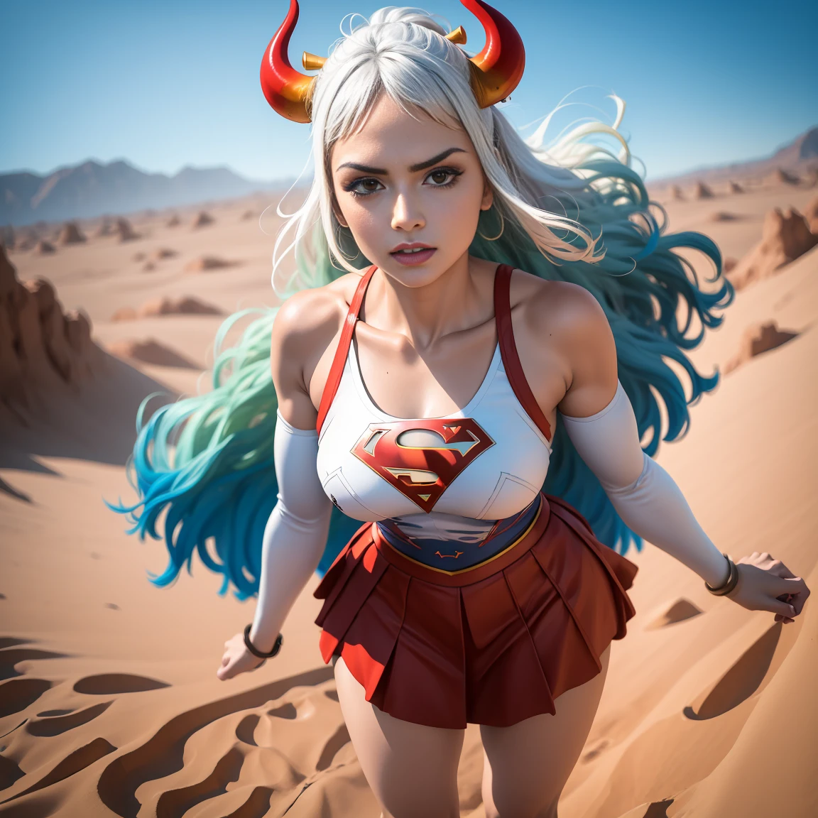 Detalhado cabelo branco longo,  tamanho de arquivo enorme, 1girl, demon girl, Superhero Supergirl, terno Supergirl, capa vermelha, S do super-homem no peito, blue swimsuit, Red skirt, botas vermelhas, ultra sexy hiper sedutora, (Desert Oasis:1.1), Rosto extremamente detalhado, Foto RAW, filmic grain, master part, UHD, HDR, skin pores, maquiagem sedutora escura requintada, delineador escuro, buffalo horn with red tips ((longos cabelos brancos)), ((seios muito firmes)), (((tonificado, Impeccable, encaixe, corpo perfeito e anatomia;))), ((Olhando para o Viewer)), ((hiper sedutor)), profundidade de campo, alto, sexy , realismo, VFX, Volumetric lighting, volumetric light, volumetric, natural lighting, Detalhado e intrincado,  Detalhes intrincados, quantidade absurda de detalhes, absurdos, high resolution, na cidade