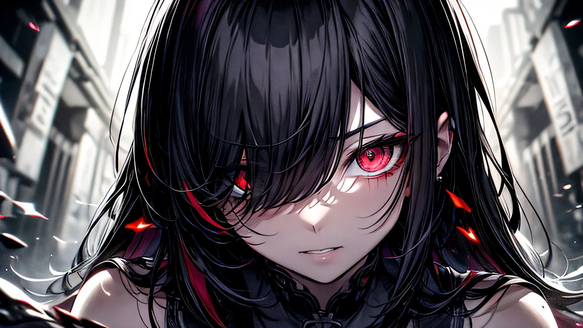dead body、Blood everywhere、blood splashing、dark hue、Red hue、Cross-eyed、Stranger、View other people、Ahegao , Silly,Sexual ecstasy,Drunken eyes,Blunt bangs, Black hair, (finely detailed beautiful eye: 1.2), (Detailed background,Dark Fantasy), (beautifull detailed face), High contrast, (Best Illumination, extremely delicate and beautiful), ((Cinematic Light)), Colorful, Hyper Detail, Dramatic light,