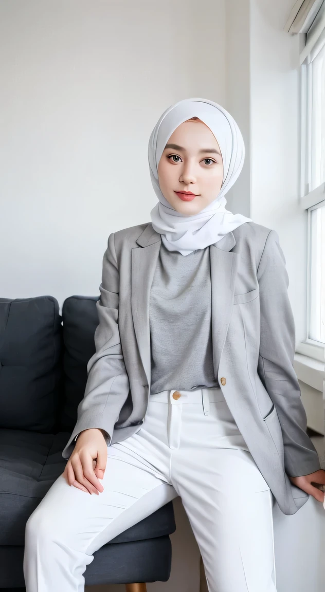 1 Girl, Beautiful, Russian Baby Face, 28 Years Old, White Skin, wearing white hijab, wearing a grey long blazer and white pants, beautifull pose, looking directly at the camera, minimalis and modern living room background, raw photo, full body: 1.5, realistic
