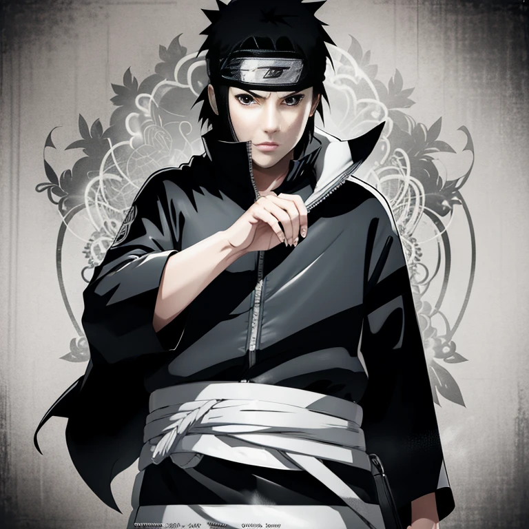 Make the image of Sasuke Uchiha how is it in the manga, image, in black and white and black jacket