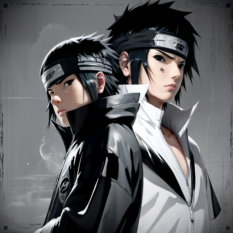Make the image of Sasuke Uchiha how is it in the manga, image, in black and white and black jacket