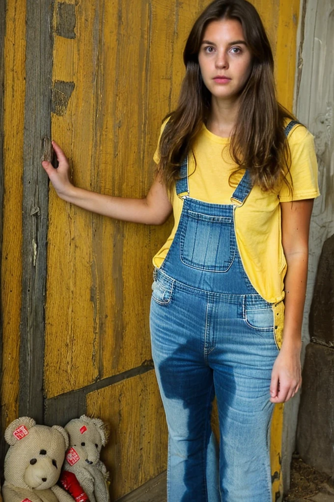 photo, woman, ((peeing self)), standing, denim overalls, teddy bears on bib, yellow tshirt, shocked, looking at camera, inside