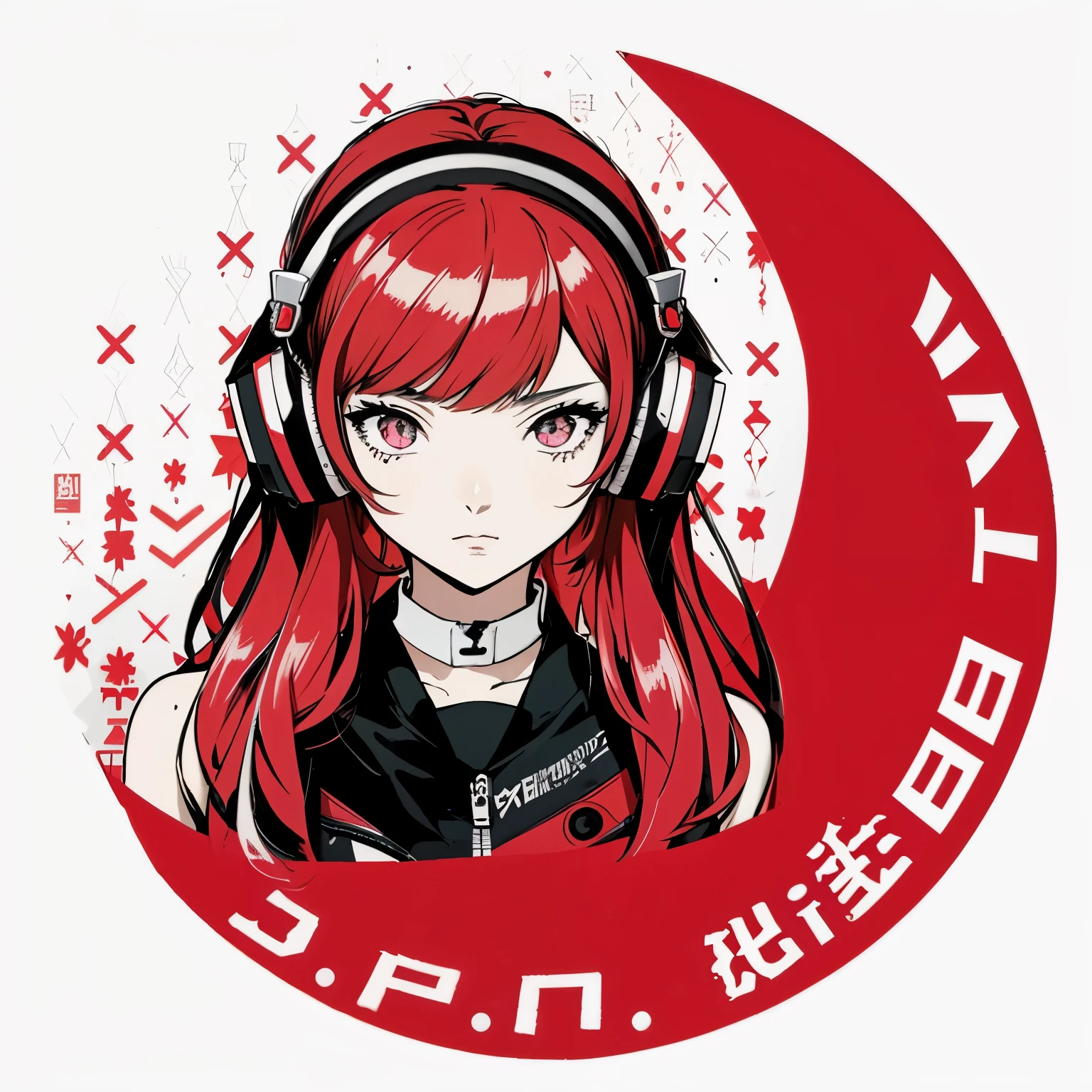 anime girl with headphones and a red background with the words's p r rules, p. j. n, persona 5 inspired, persona 5 art style, persona 5 style, official artwork, inspired by Shinoda Toko, persona art style, rin, promo art, persona 5 art style wlop, anime style”, no gradients, (neotokyo)