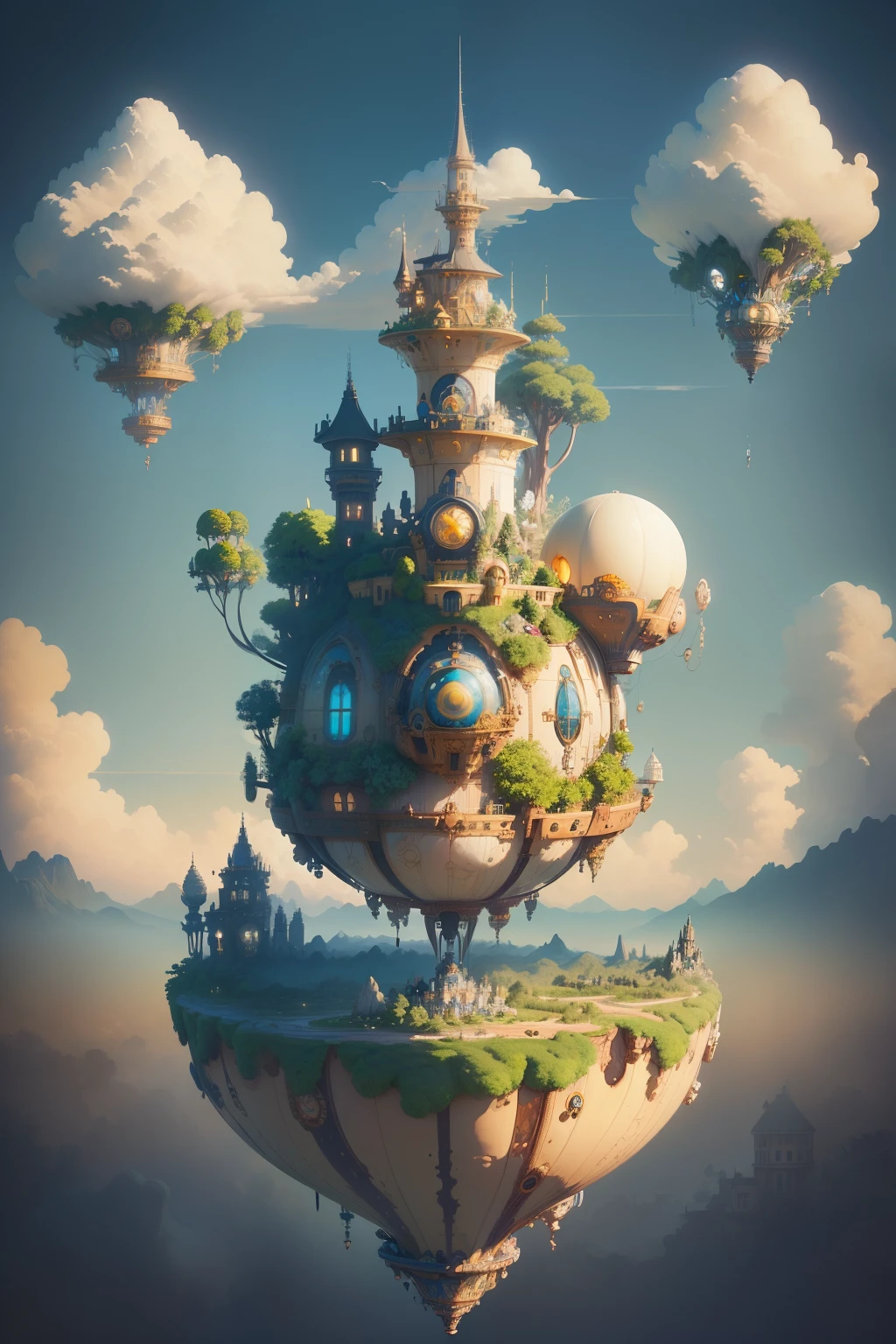 steampunkai。highest quality。masterpiece。beautiful。detailed details。((European-style elegant garden)There is a、(A small floating island floating in the sky))。The background is blue sky and white clouds。(The bottom of the floating island is a rock)。
