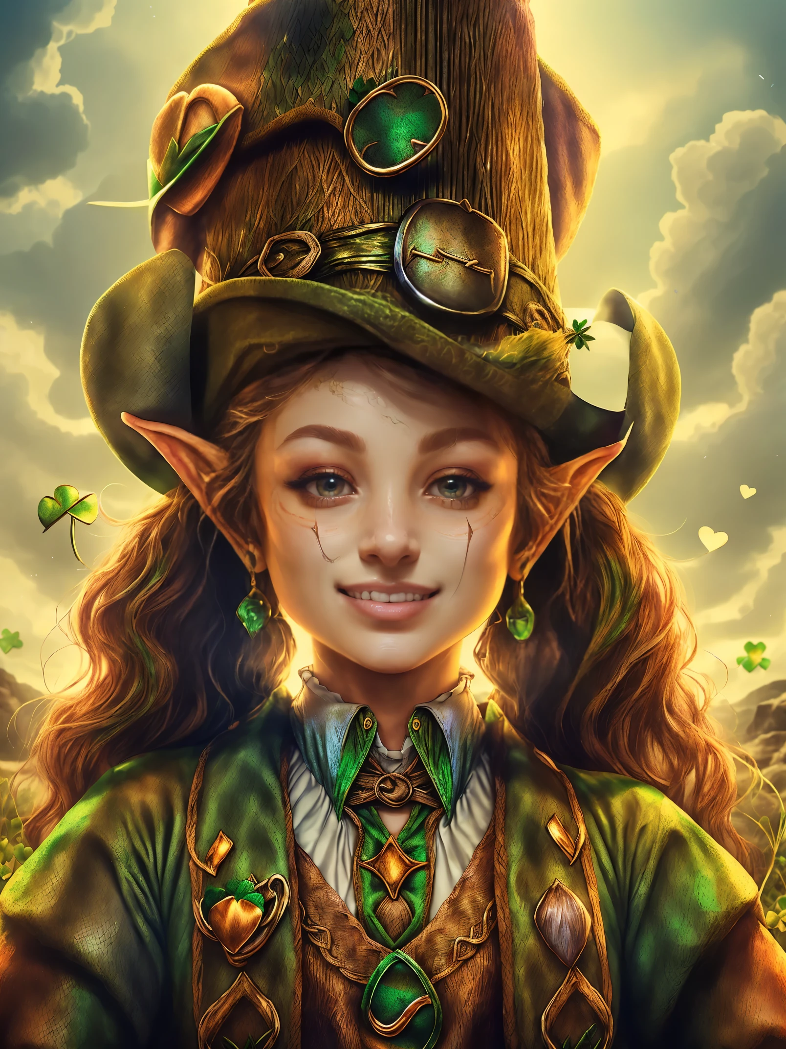 (portrait:1.6), (cowboy shot:1.5), (((Cute female leprechaun smiling,Her facial features are very beautiful,1 pair of pointed ears and charming eyes,Complements flowing hair:1.6))),Rainbow and cauldron filled with clovers and coins ,geometry,portrait画, art bookstore, Chibi, Yang08k, beautiful, dyeing, Obras, highest quality, best quality, official art, beautiful and Aesthetic,