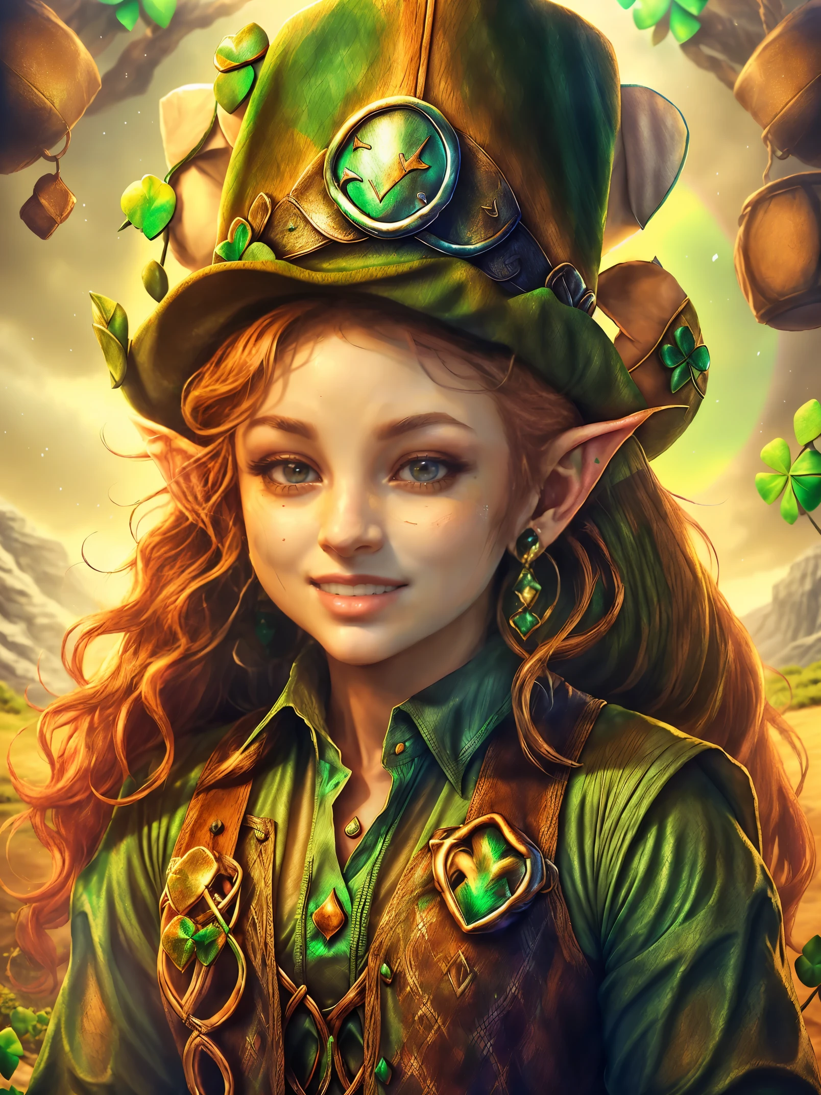 (portrait:1.6), (cowboy shot:1.5), (((Cute female leprechaun smiling，Her facial features are very beautiful，1 pair of pointed ears and charming eyes，Complements flowing hair:1.6))），Rainbow and cauldron filled with clovers and coins ,geometry，portrait画, art bookstore, Chibi, Yang08k, beautiful, dyeing, Obras, highest quality, best quality, official art, beautiful and Aesthetic,