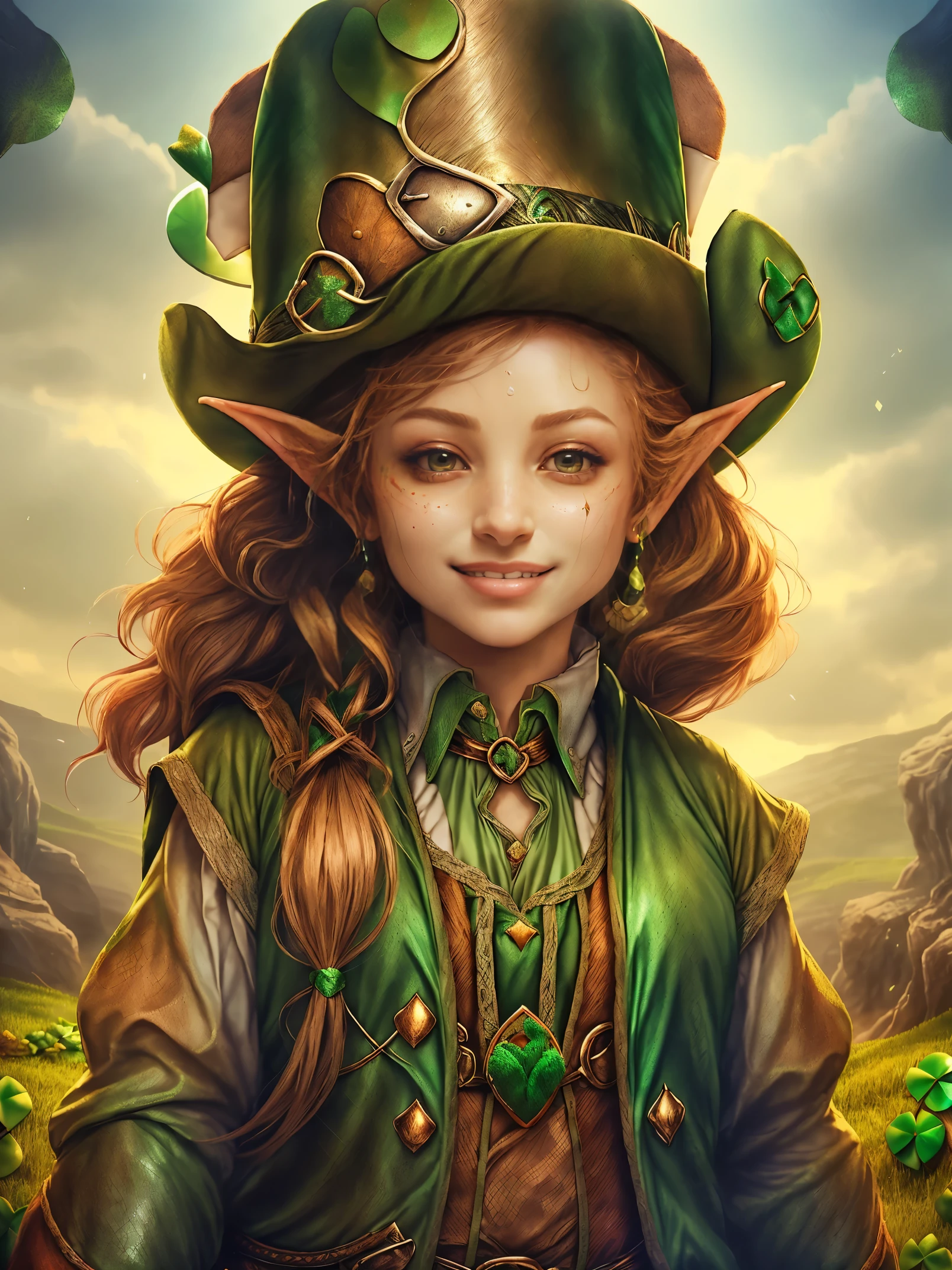 (portrait:1.6), (cowboy shot:1.5), (((Cute female leprechaun smiling，Her facial features are very beautiful，1 pair of pointed ears and charming eyes，Complements flowing hair:1.6))），Rainbow and cauldron filled with clovers and coins ,geometry，portrait画, art bookstore, Chibi, Yang08k, beautiful, dyeing, Obras, highest quality, best quality, official art, beautiful and Aesthetic,