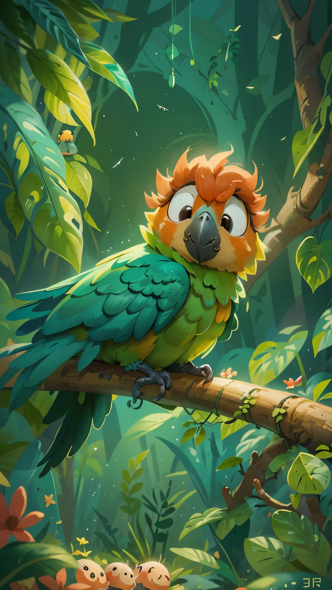 it's late at night，可爱的Parrot，Illustration of sleeping in a warm nest, She rolled up into a ball，Enter sweet dreams。goodnight，Parrot。close up, Pixar cinematic style, best quality, movie stills, very cute,