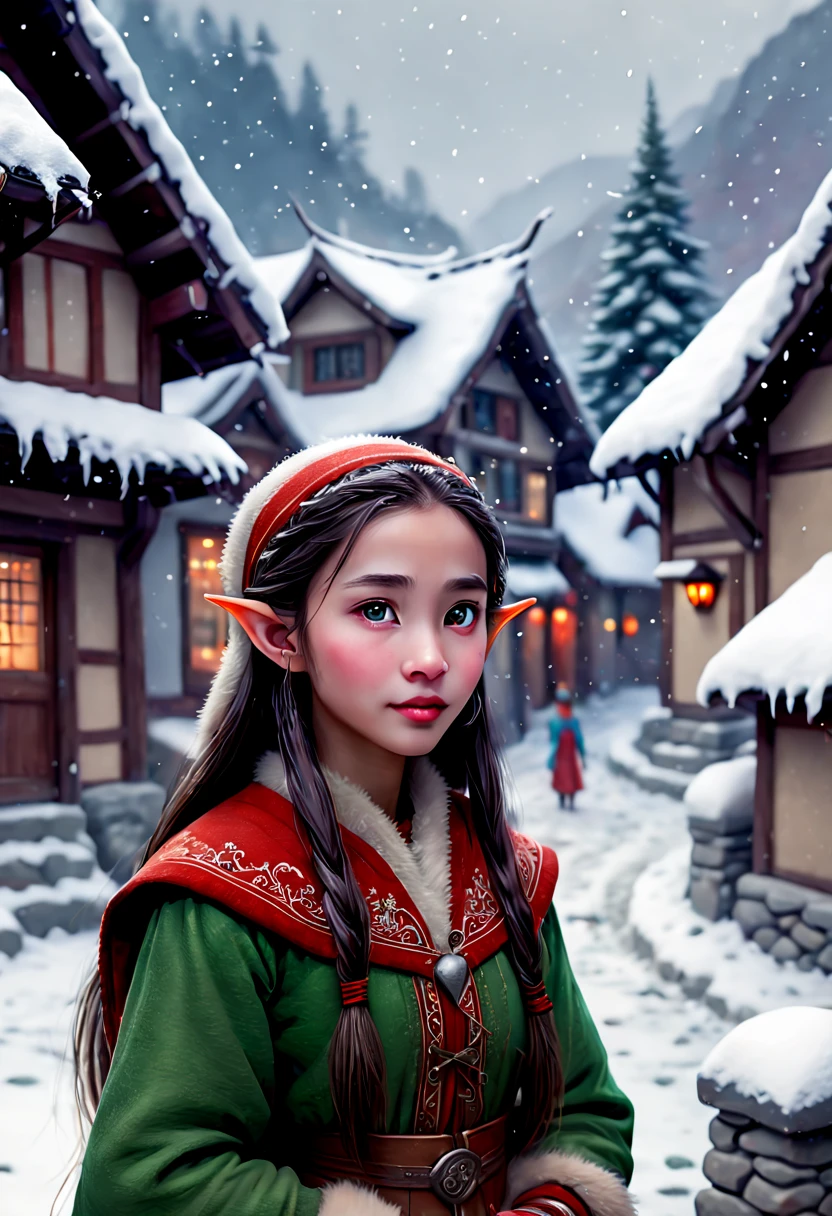 a Beautiful Elf, Elf ear, by Feng Zikai, textbook illustrations, children's illustrations, Northeast Snow Village, with heavy snowfall, villages, elegant and , novel illustration style, depicting rural life, warm scenes, digital painting, fine character portrayal, clear facial features, concept art, long hair, detailed eyes, Romance, film grain, RAW photo, Cinematic lighting, octane render, (best quality, masterpiece, Representative work, official art, Professional, 8k:1.3)