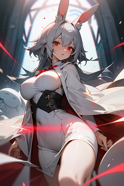 anime, woman, gray hair, White rabbit ears, red eyes,long white robes, big breasts, strong, Facing the front. No background