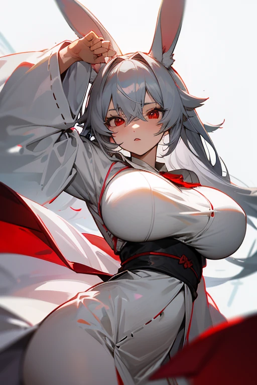 anime, woman, gray hair, White rabbit ears, red eyes,long white robes, big breasts, strong, Facing the front. No background