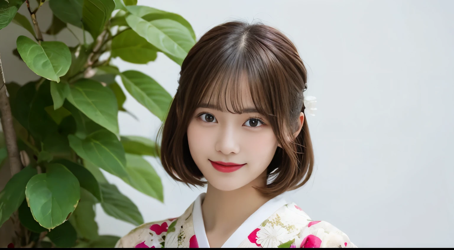 muste piece, best quality, illustration, Super detailed, fine details, High resolution, 8K Dende Wallpaper, perfect dynamic composition, beautiful detailed eyes, she is wearing a red yukata,medium hair,natural color lip, shy smile,Harajuku style、20 year old girl、There is only one person, bust up photo、cute type、looking at camera、C Cup、brown hair、pure white background、white background、background white、Copy Space