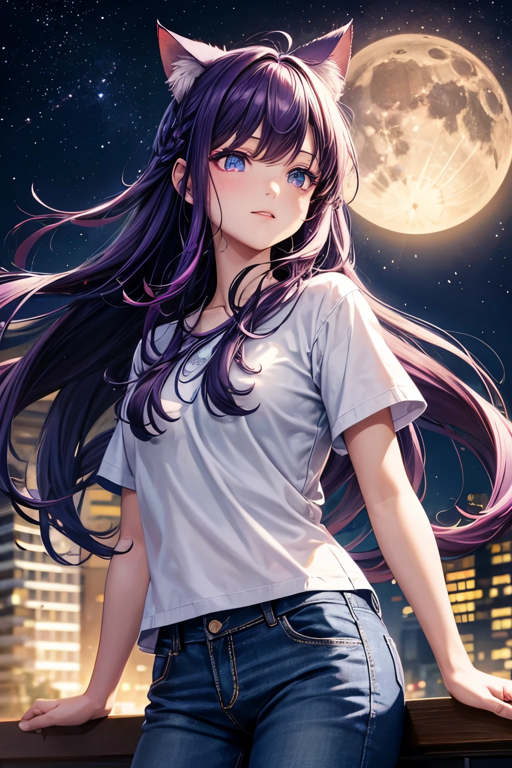 top quality, high resolution, perfect human structure, ceiling, purple hair, glowing hair, cat ears, french braid, crazy eyes, shirt, jeans, night sky, neon colors, city, angle from below, colorful, near future, moon