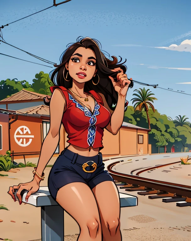 there is a woman who is standing on a train track, looks like fabiula nascimento, gif, com pele morena, em um telhado, no telhado, acesso, em um telhado, sits em um telhado, grosso, pele latina, Mulher de 30 anos de Cuba, arte digital. @mariomaniacdude