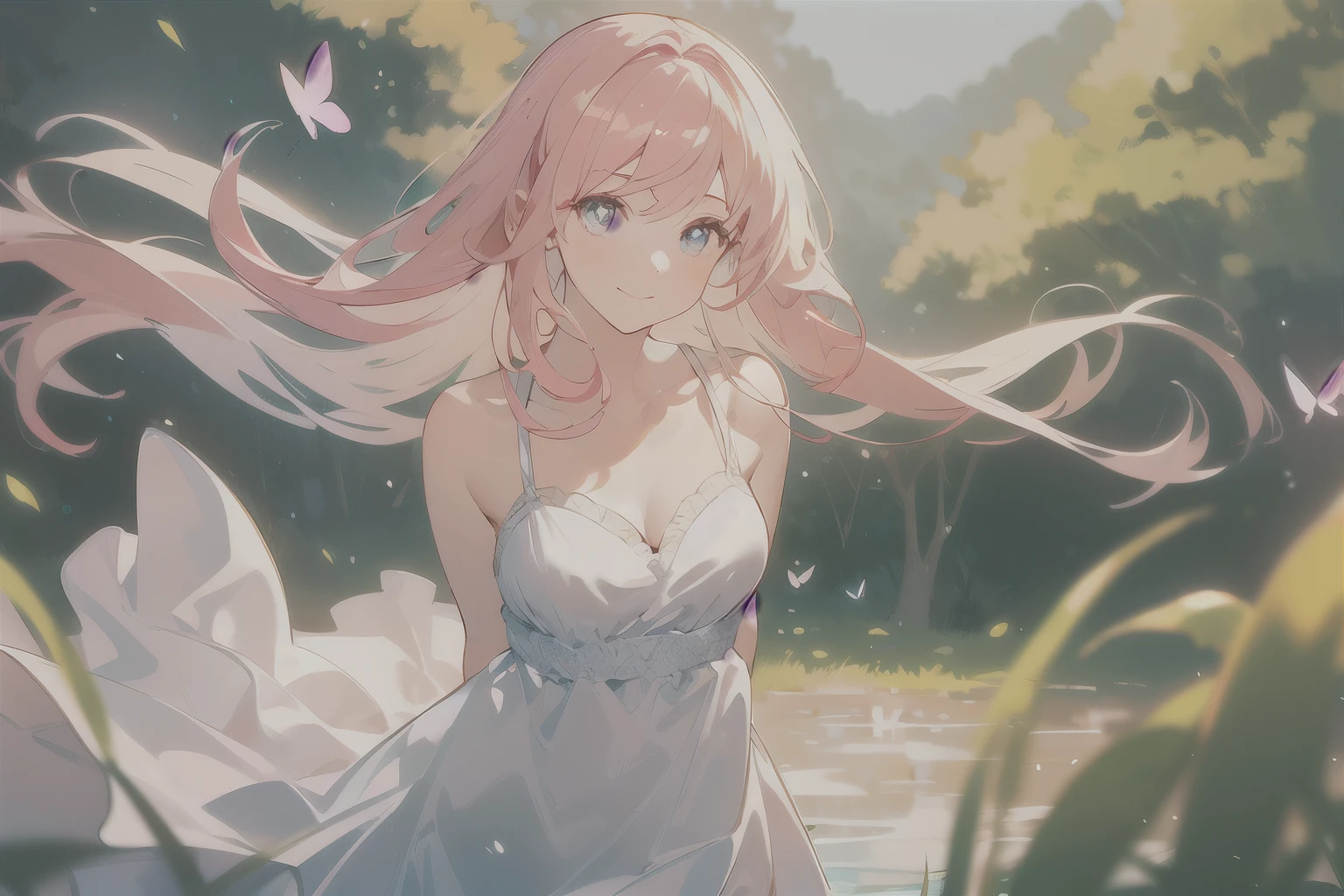 1girl,alone,single,solo,only one,one character,(((Personage as the main perspective))),(((character in the middle))),((masterpiece)),((best quality)),(ultra-detailed),(illustration),clear-cut margin,alphonse mucha,extremely detailed CG unity 8k wallpaper,((an extremely delicate and beautiful)),(dynamic angle),An enchanted forest at night illuminated by glowing mushrooms,((Tyndall effect)),(Fluorescent mushroom forests background),1girl,(arms behind back),(beautiful detailed eyes),cute pink eyes,golden pupil,detailed face,upper body,white dress,messy floating pink hair,disheveled hair,focueautiful water),river,flying butterfly,sunlight,shine,chiaroscuro,ray_tracing,(painting),[[[[[[8 k artistic photography]]]]]],