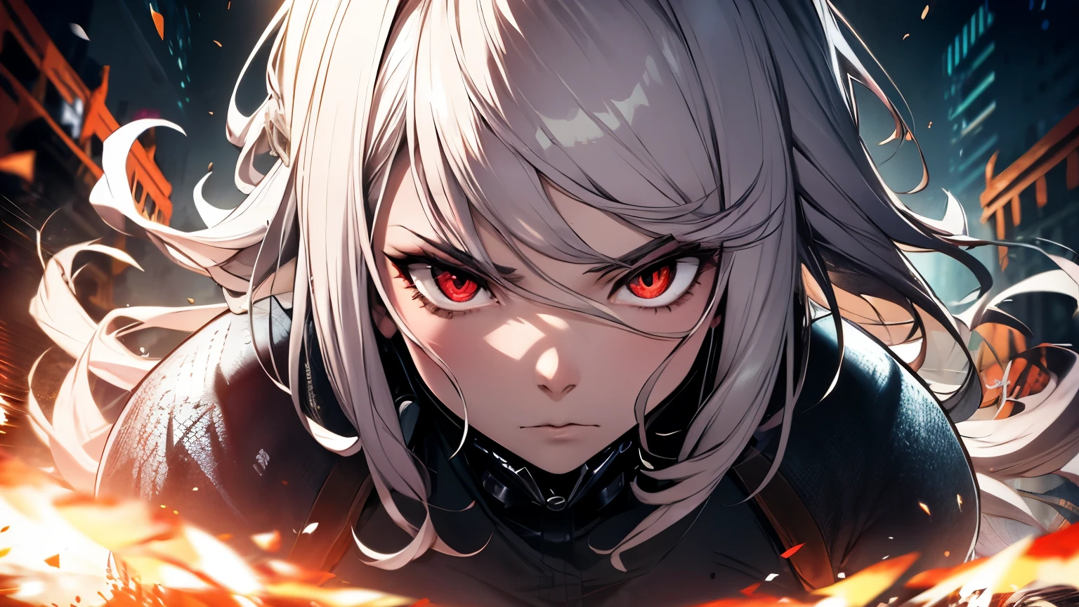 white hair, red eyes, detailed facial featureasterpiece, ((8k)), overlord style, vibrant colors, camera focus, intricate details, intense expression, dynamic pose, vibrant background, realistic lighting, dramatic atmosphere, ready to fight