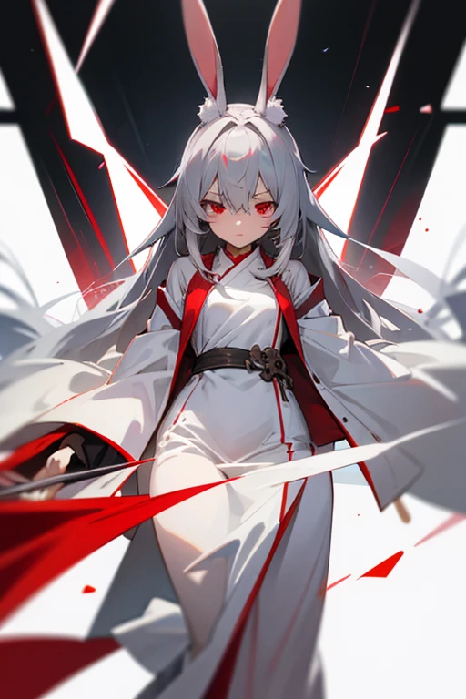 anime, woman, gray hair, White rabbit ears, red eyes,long white robes, strong, Facing the front. No background