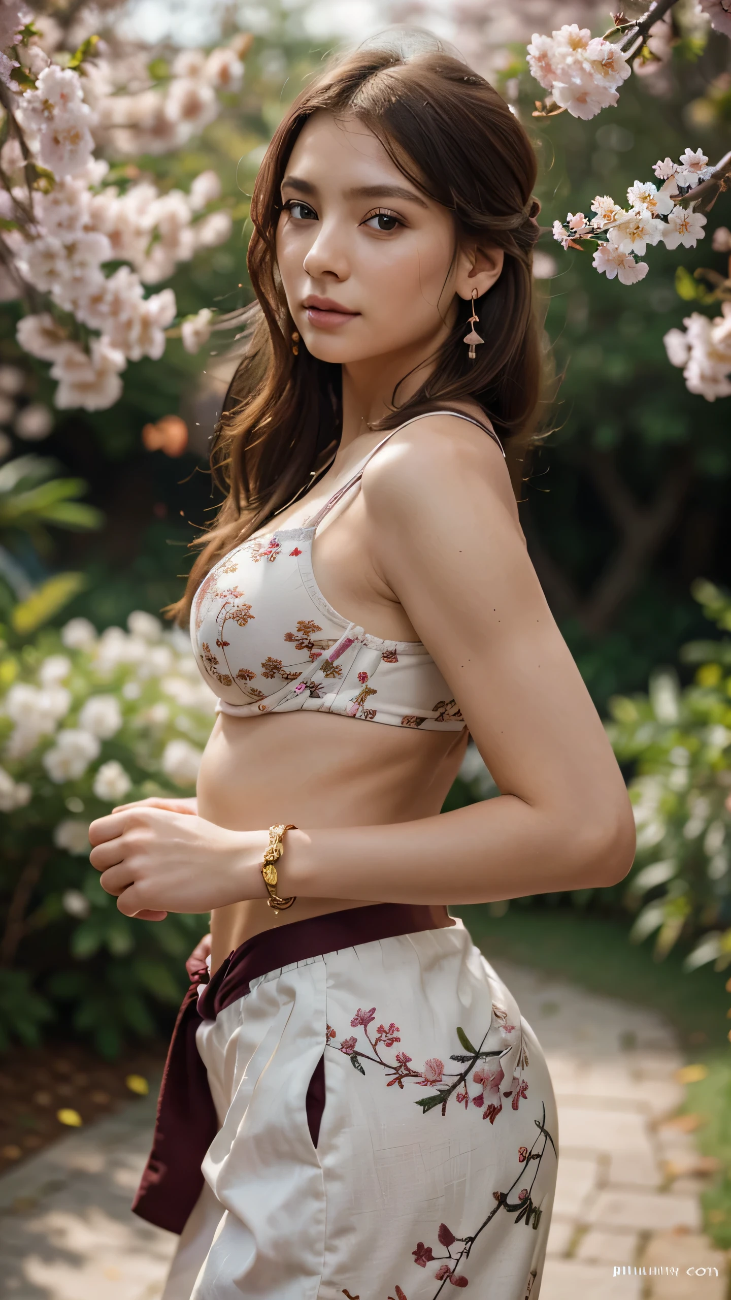 masterpiece,extremely detailed CG unity 8k wallpaper,1girl, beautiful, realistic, blurry, blurry_background, blurry_foreground, branch, brown_hair, plum blossom, depth_of_field, earrings, flower, jewelry, nose, realistic, solo,chinese clothes,fingers hidden, arms hidden, only wearing a bra, perfect fingers, perfect eyes, 35mm
