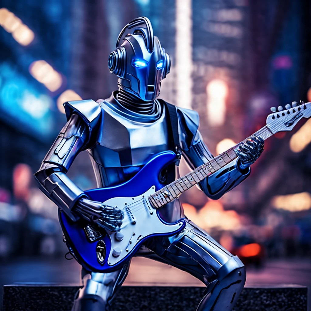 cyberman playing fender stratocaster,HD,UHD,masterpiece:1.2,ultra-detailed,realistic,midnight blue,colorful lighting,electric guitar,silver metal,shiny surface,detailed fingers,sci-fi,cyberpunk vibe,glowing neon backdrop,dynamic pose,expressive face,cityscape background,blurry bokeh,digital art,technological style