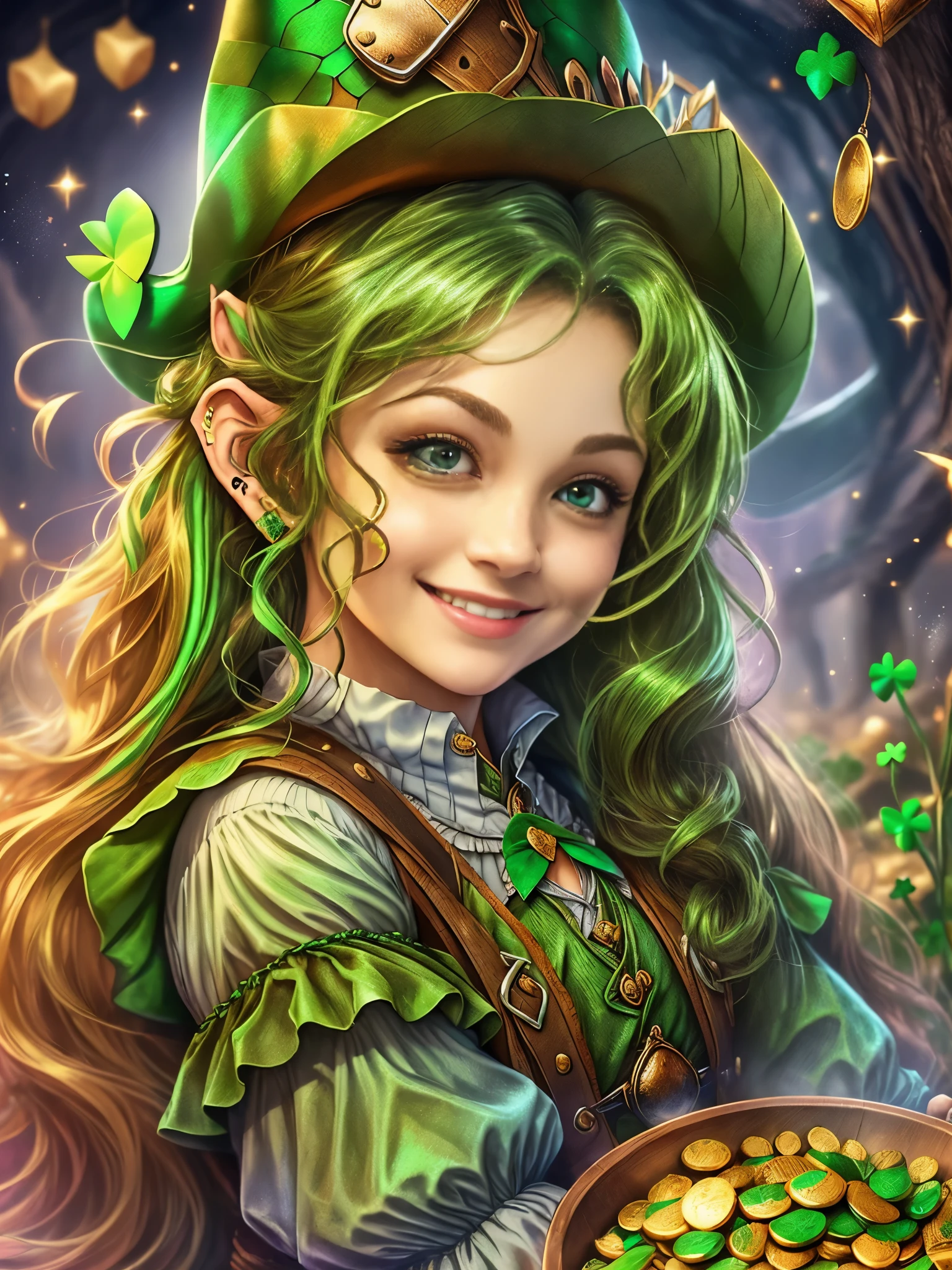 (portrait:1.6), (cowboy shot:1.5), (((Cute female leprechaun smiling，Her facial features are very beautiful，1 pair of pointed ears and charming eyes，Complements flowing hair:1.6))），Rainbow and cauldron filled with clovers and coins ,geometry，portrait画, art bookstore, Chibi, Yang08k, beautiful, dyeing, Obras, highest quality, best quality, official art, beautiful and Aesthetic,
