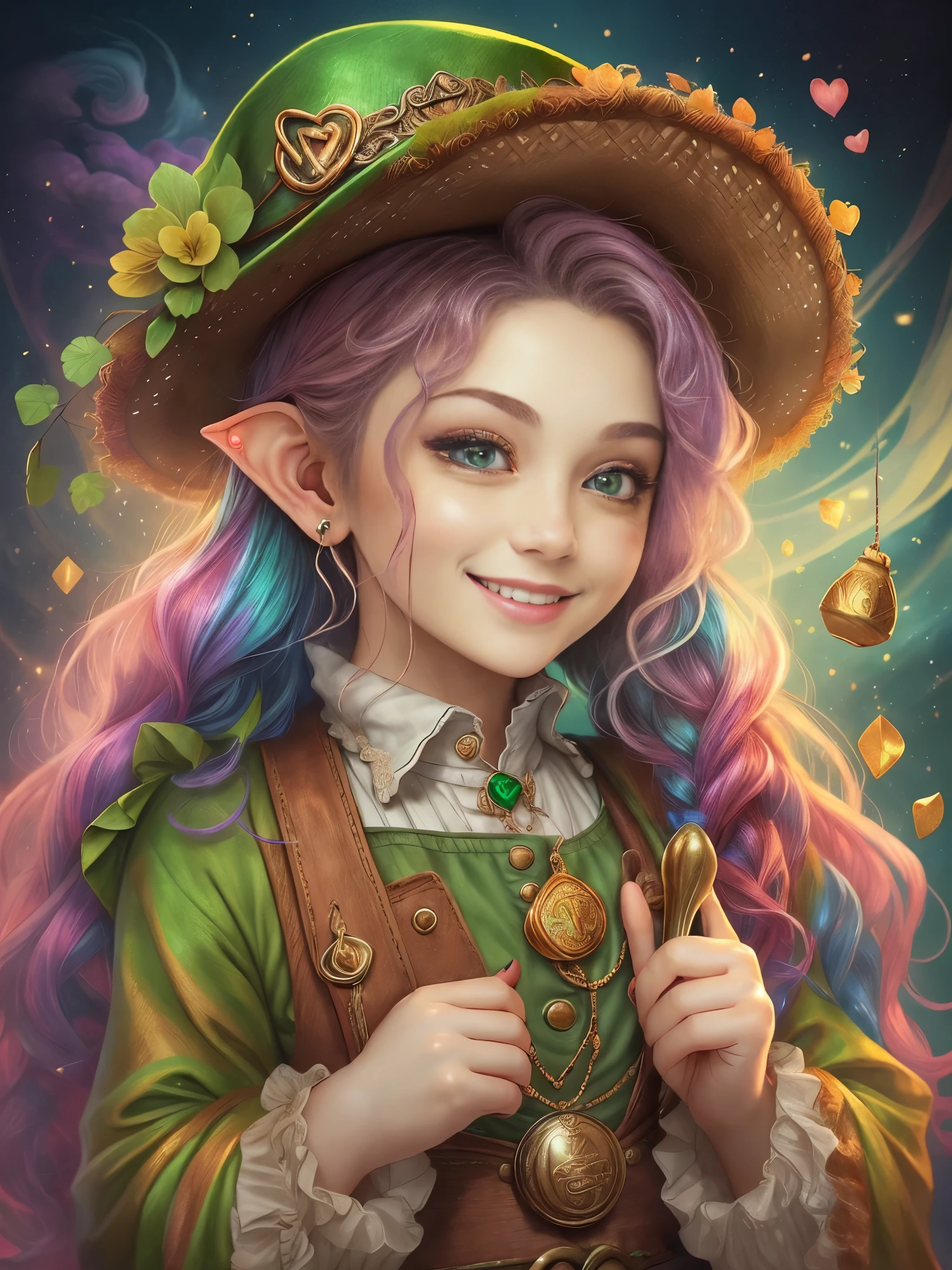 (portrait:1.6), (cowboy shot:1.5), (((Cute female leprechaun smiling，Her facial features are very beautiful，1 pair of pointed ears and charming eyes，Complements flowing hair:1.6))），Rainbow and cauldron filled with clovers and coins ,geometry，portrait画, art bookstore, Chibi, Yang08k, beautiful, dyeing, Obras, highest quality, best quality, official art, beautiful and Aesthetic,