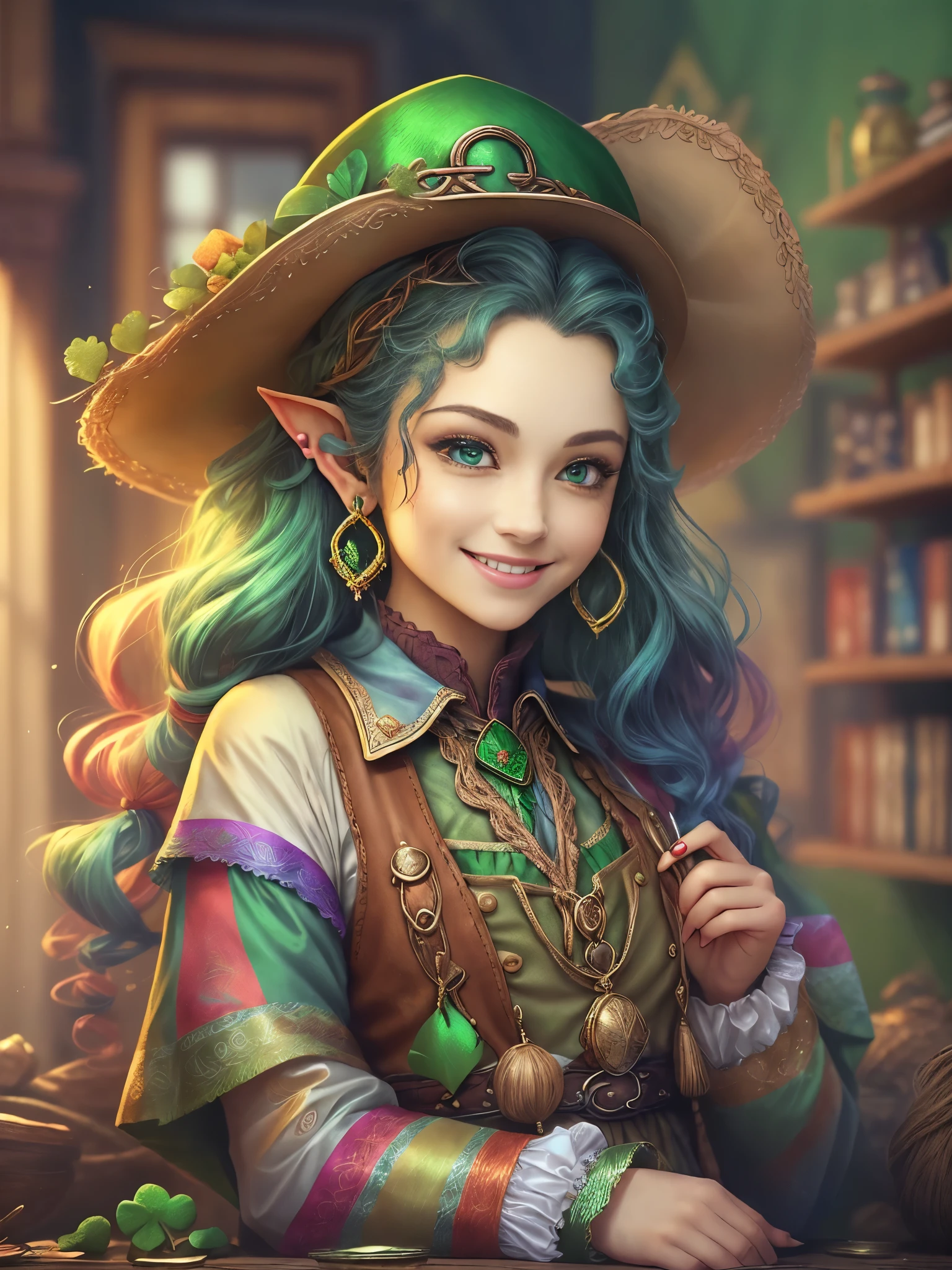 (portrait:1.6), (cowboy shot:1.5), (((Cute female leprechaun smiling,Her facial features are very beautiful,1 pair of pointed ears and charming eyes,Complements flowing hair:1.6))),Rainbow and cauldron filled with clovers and coins ,geometry,portrait画, art bookstore, Chibi, Yang08k, beautiful, dyeing, Obras, highest quality, best quality, official art, beautiful and Aesthetic,