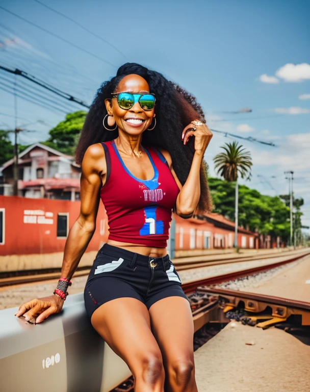 there is a woman who is standing on a train track, looks like fabiula nascimento, gif, com pele morena, em um telhado, no telhado, acesso, em um telhado, sits em um telhado, grosso, pele latina, Mulher de 30 anos de Cuba, arte digital. @mariomaniacdude