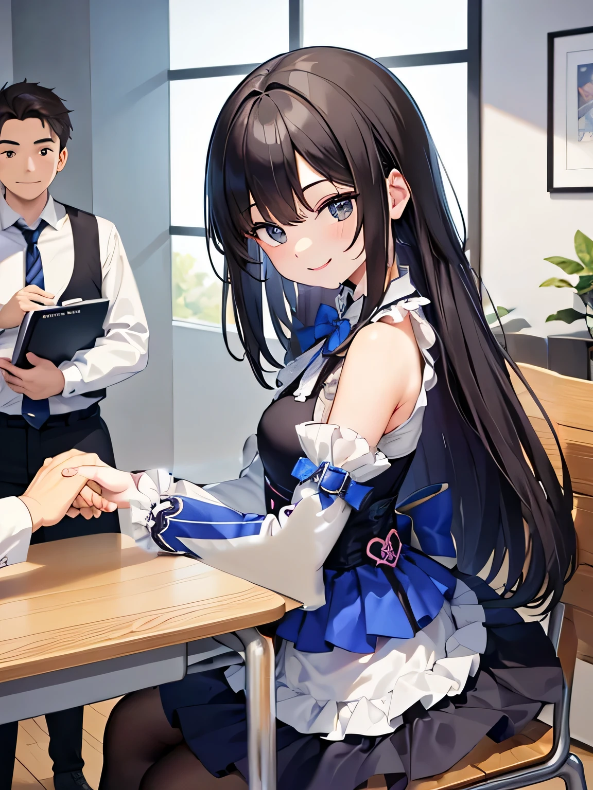 She wears gorgeous clothes, Idol-like frilly costume.。keep the same posture。