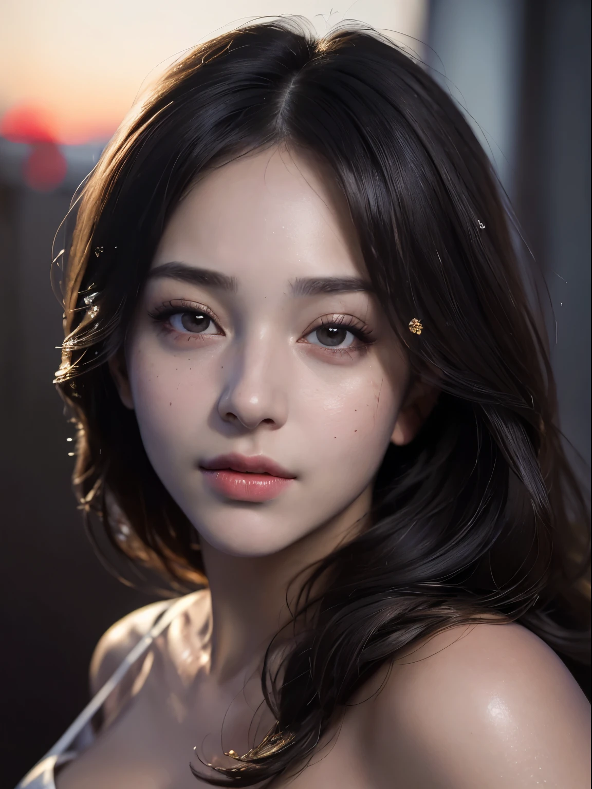 (logo, masterpiece, 8K, Tabletop, RAW Photos, wonderful, 最high quality, Photorealistic and very detailed CG composite 8k wallpaper, high quality, Very detailed, Narrative poem, Particle Effects, Dynamic Effects, Depth of the Boundary, Cinematic Light, Lens flare, Ray Tracing), short hair beautiful young woman, Hair tied back, high detail skin, very fine, fine skin texture, beautiful face, realistic eyes, beautifully detailed eyes, realistic skin, beautiful skin, surreal, smiling eyes, Hair and light eyes, Vibrant, Colorful lights and bokeh. The lighting casts a warm glow on her face and hair, Blue glow, Water surface reflection, Creates a dreamy and magical atmosphere, Big Breasts, Brown Hair, short hair, plump lower lip, pink blush on the cheeks , pink lips, brown tight no-shoulder knit sweater