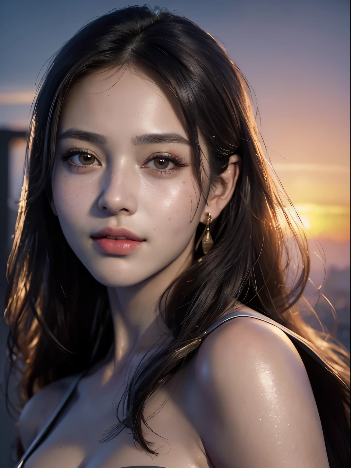 best quality, masterpiece, ultra high resolution, (realistic portrait:2), 1 girl, nose, superwoman evening gown,oiled shiny skin, Beautiful and delicate face, deep shadow, Detailed face, delicate eyes, oiled shiny skin, Sunset