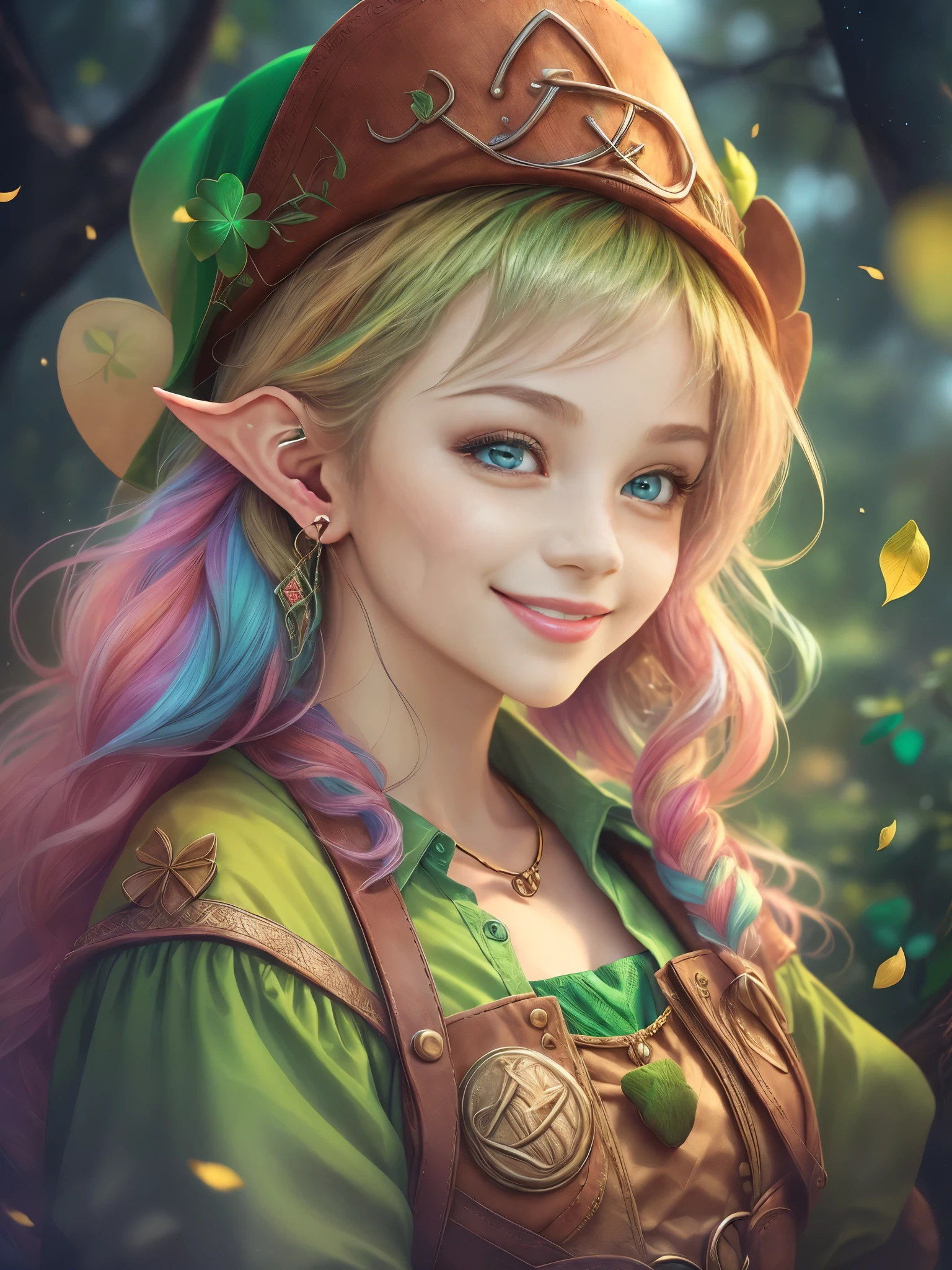 (portrait:1.6), (cowboy shot:1.5), (((Cute female leprechaun smiling,Her facial features are very beautiful,1 pair of pointed ears and charming eyes,Complements flowing hair:1.6))),Rainbow and cauldron filled with clovers and coins ,geometry,portrait画, art bookstore, Chibi, Yang08k, beautiful, dyeing, Obras, highest quality, best quality, official art, beautiful and Aesthetic,