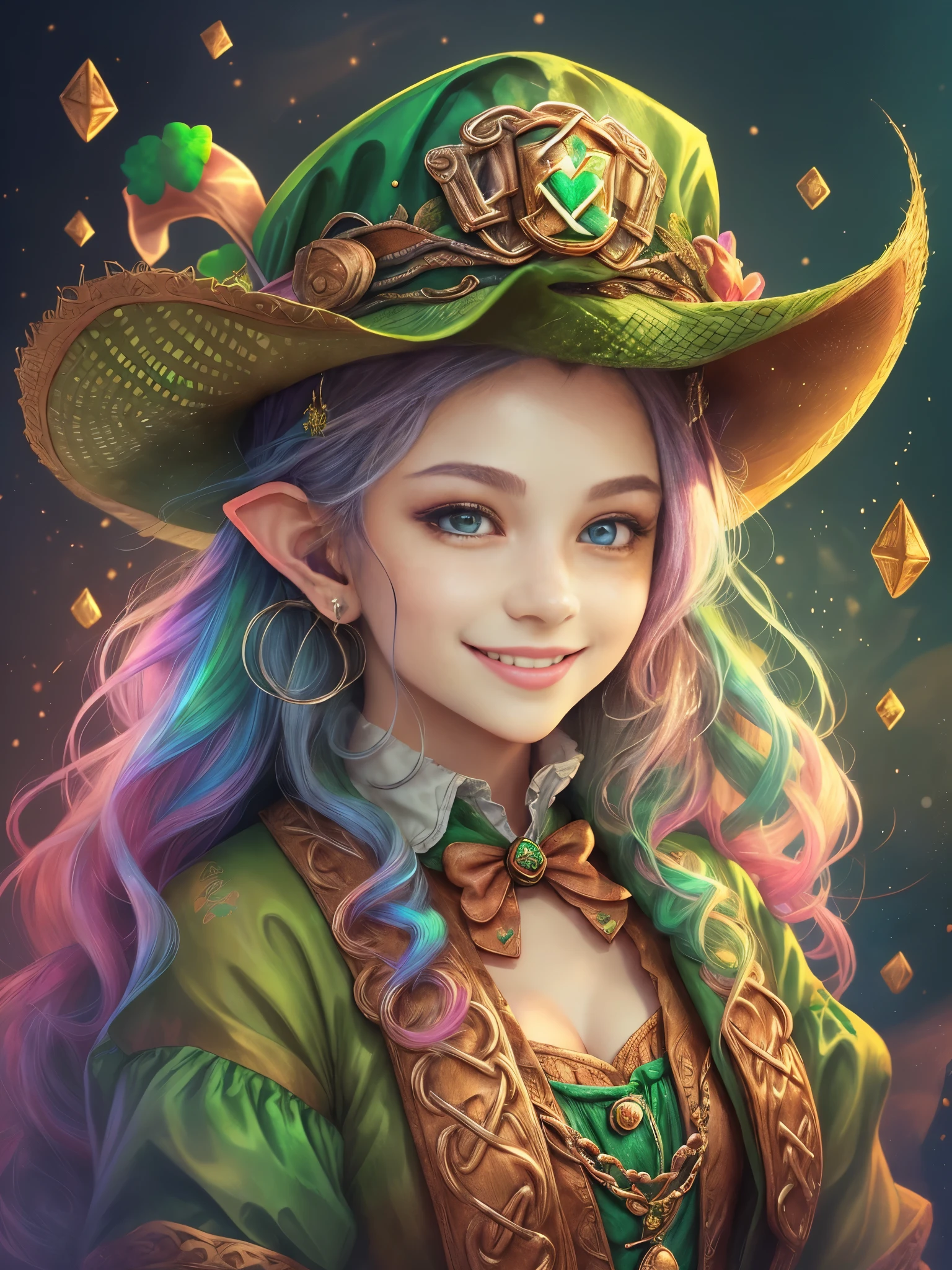 (portrait:1.6), (cowboy shot:1.5), (((Cute female leprechaun smiling，Her facial features are very beautiful，1 pair of pointed ears and charming eyes，Complements flowing hair:1.6))），Rainbow and cauldron filled with clovers and coins ,geometry，portrait画, art bookstore, Chibi, Yang08k, beautiful, dyeing, Obras, highest quality, best quality, official art, beautiful and Aesthetic,