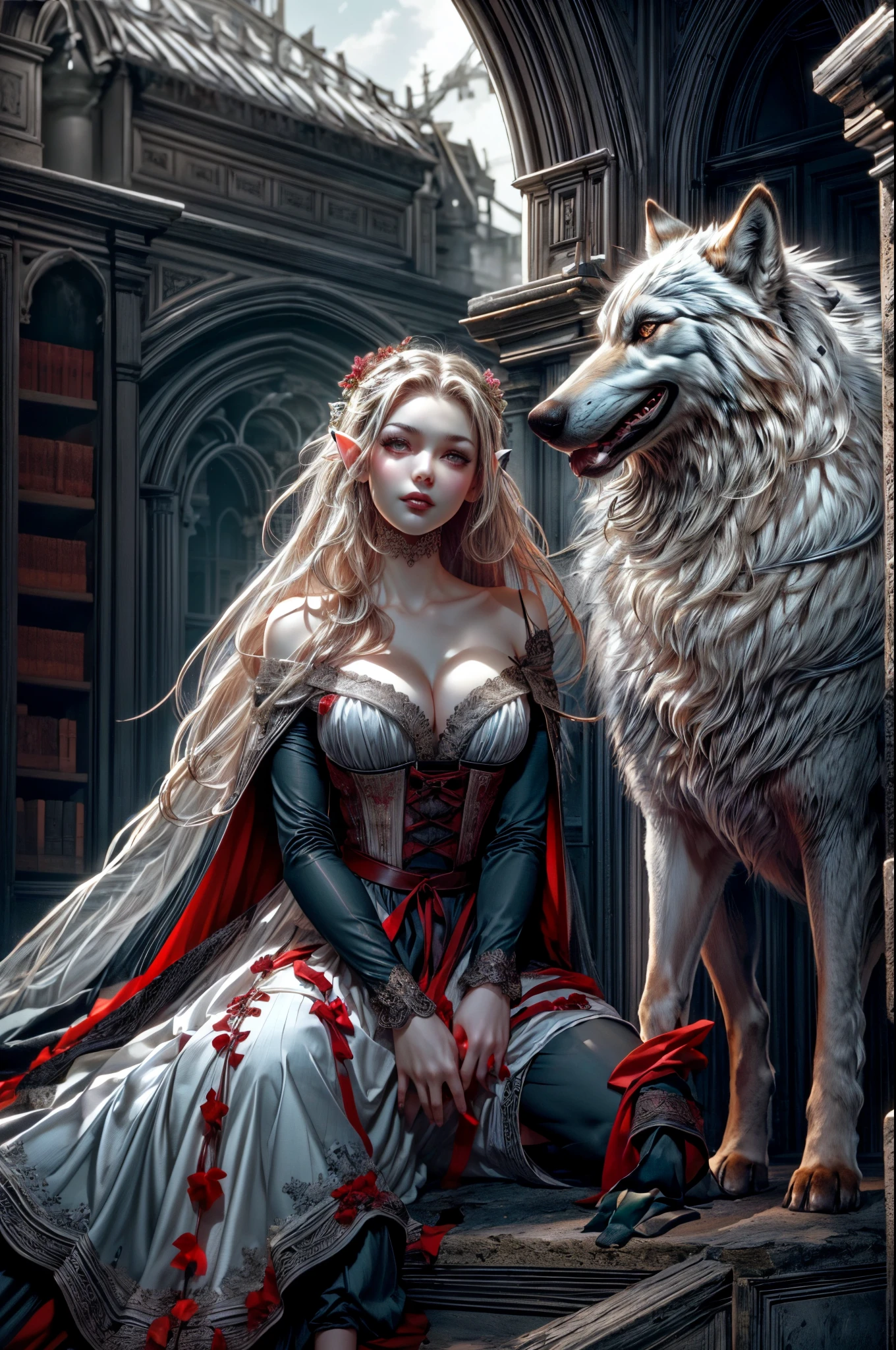 arafed a picture of elf vampire in her castle and her pet wolf, an exquisite beautiful female elf vampire (ultra details, Masterpiece, best quality), bloody mouth blond hair, pale skin, hair in a ponytail, long hair, blue eyes, cold eyes, smirking, wearing white dress (ultra details, Masterpiece, best quality), red cloak, in dark fantasy library, with an big grey wolf  (ultra details, Masterpiece, best quality) book shelves, arafed high details, best quality, 8k, [ultra detailed], masterpiece, best quality, (ultra detailed), full body, ultra wide shot, photorealism, RAW, dark fantasy art, gothic art,