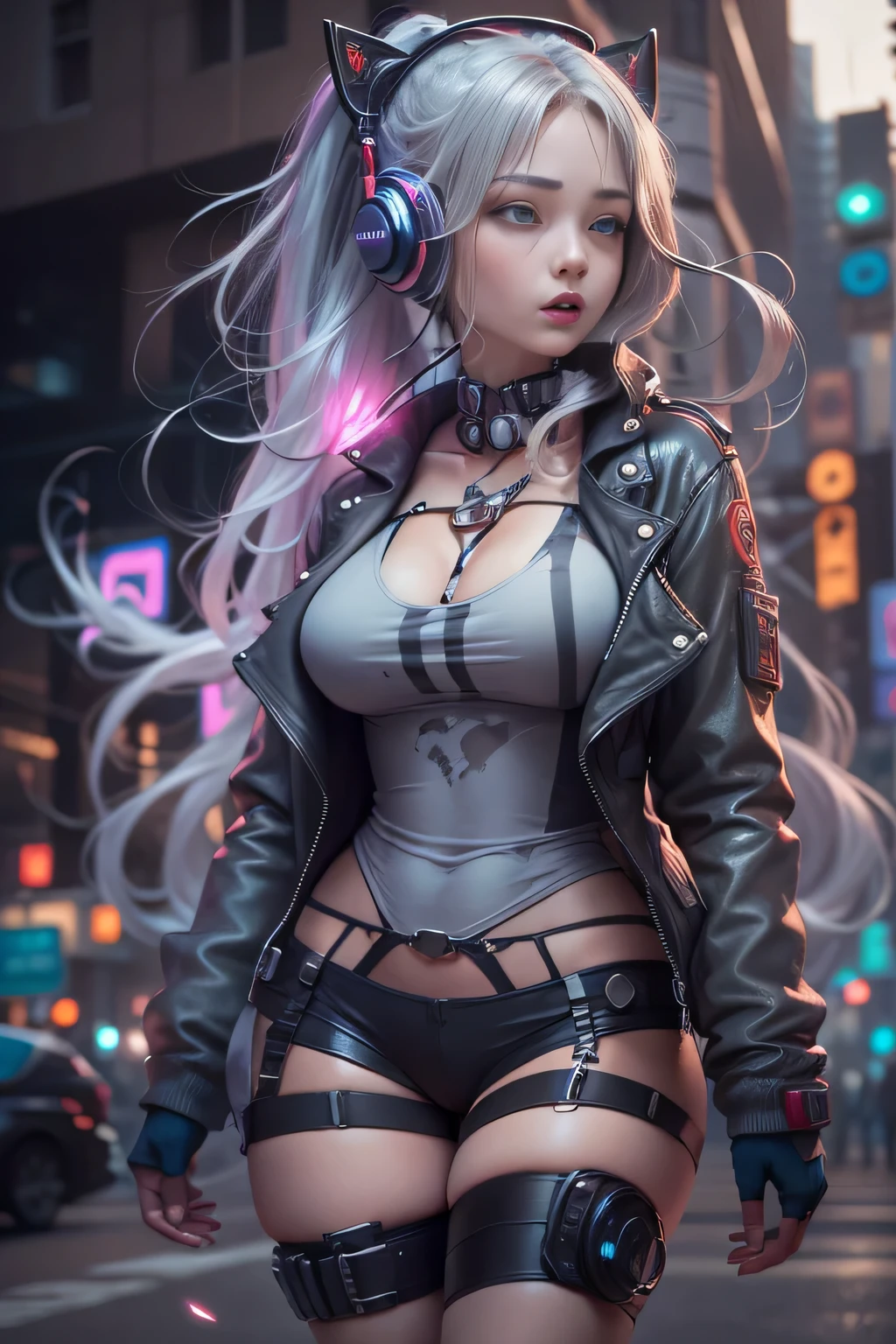 (RAW photos, best quality, masterpiece:1.2), (realistic, photo-realistic:1.4),(masterpiece:1.4),(best quality:1.4),  ((kpop idol girl)) alone, :d, (headphoneangs, blush, BDSM body harness, huge breasts, dynamic pose, cowboy shot, (((cyberpunk city streets background))), hair intakes, headphones, long hair, looking at viewer, sidelocks, laugh, (((thighs 틈))), thighs, twin-tailed, very long hair, gray hair,Alice \(nod\),(glowing skin),realistic.