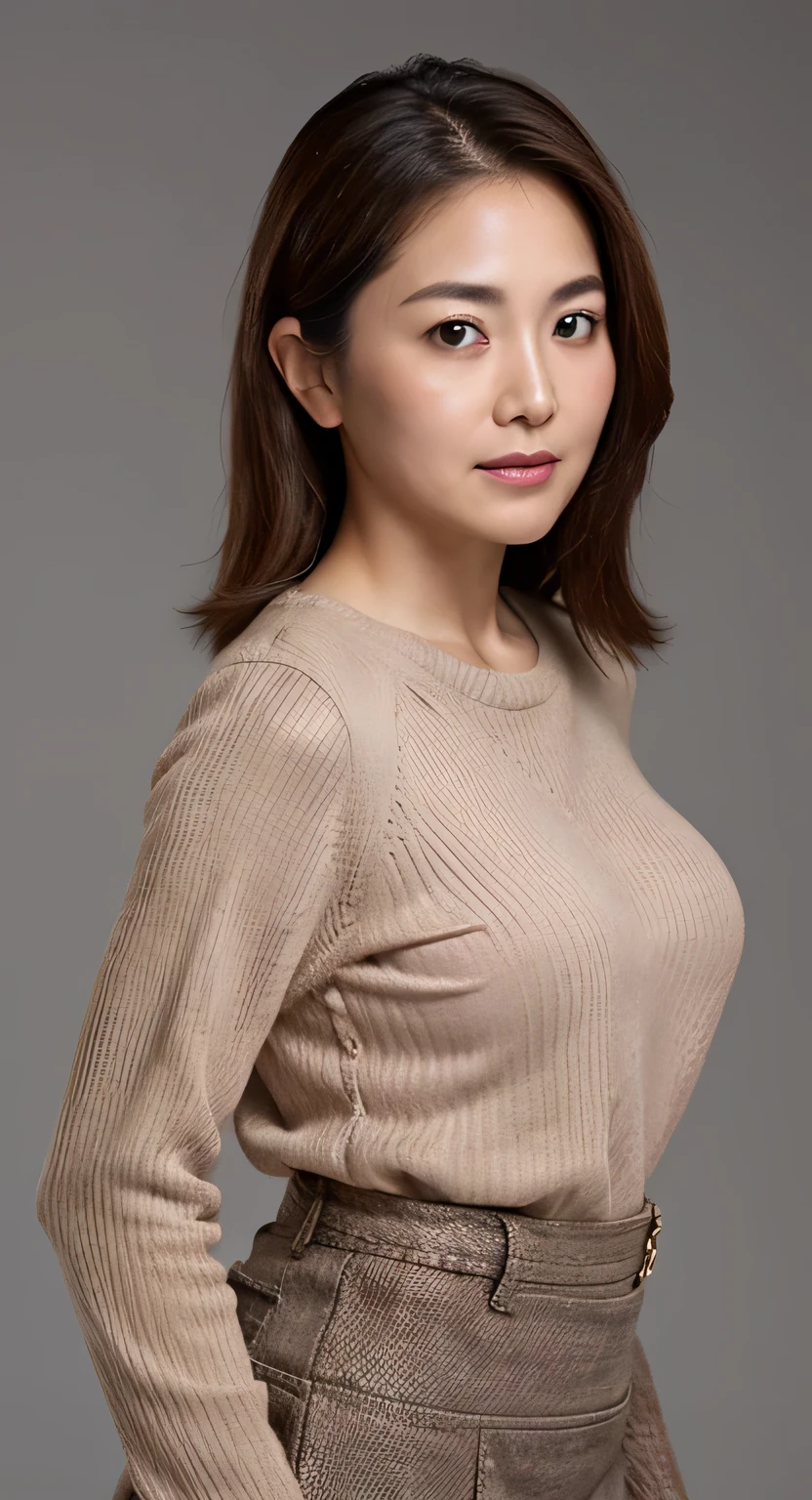 High resolution, High level image quality, high detail, masterpiece, rough skin, anatomically correct, sharp, gray background((japanese mature, )), alone, ((facial wrinkles)), good shape big breasts, Straight light brown hair that reaches to the shoulders, Chubby body type (((stand upright, facing the center of the screen.))), Close your mouth and look straight ahead with a serious face, sweater, skirt, ((cowboy shot)),