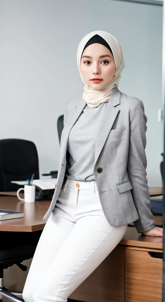 1 Girl, Beautiful, Russian Baby Face, 28 Years Old, White Skin, wearing white hijab, wearing a grey long blazer and white pants, beautifull pose, looking directly at the camera, minimalis and modern office background, raw photo, full body: 1.5, realistic